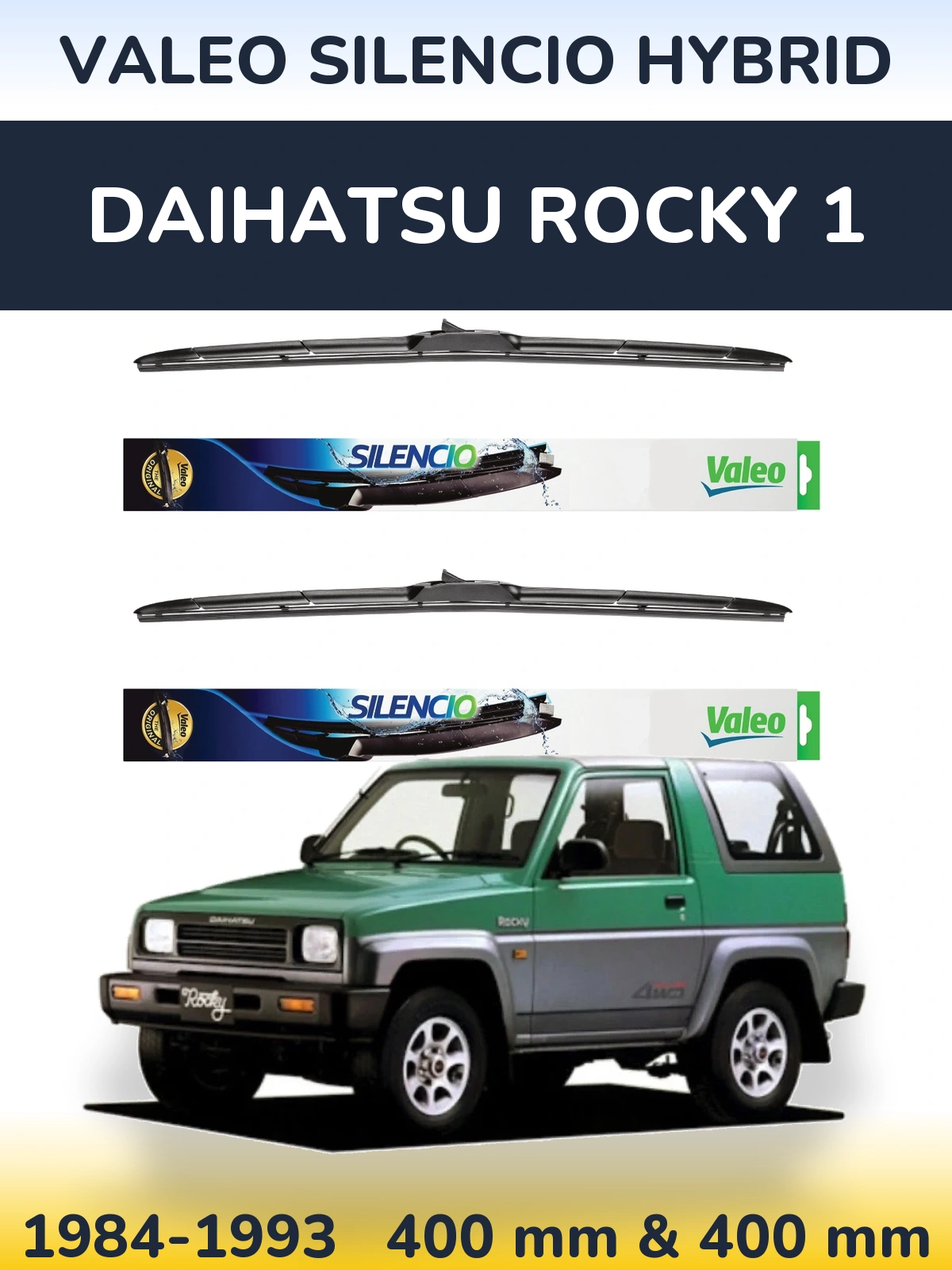 Sada předních stěračů Valeo Silencio Hybrid 400 a 400 mm pro Daihatsu Rocky 1 1984-1993