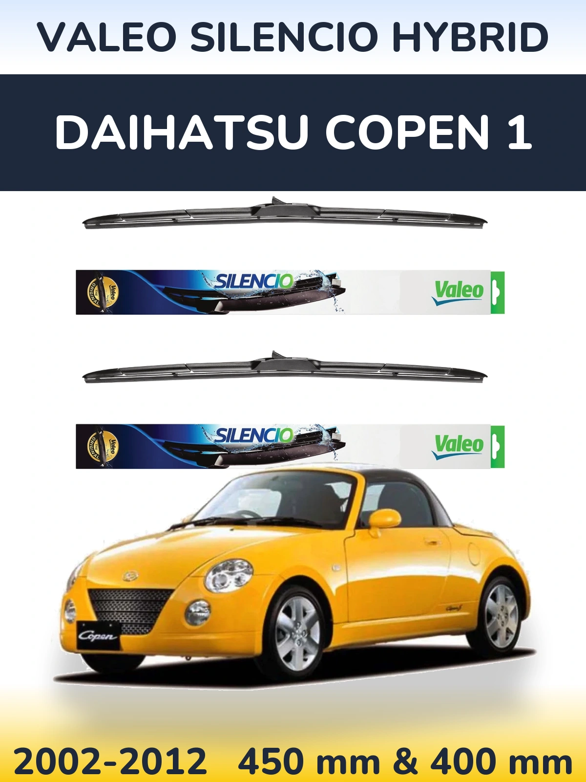 Sada předních stěračů Valeo Silencio Hybrid 450 a 400 mm pro Daihatsu Copen 1 2002-2012