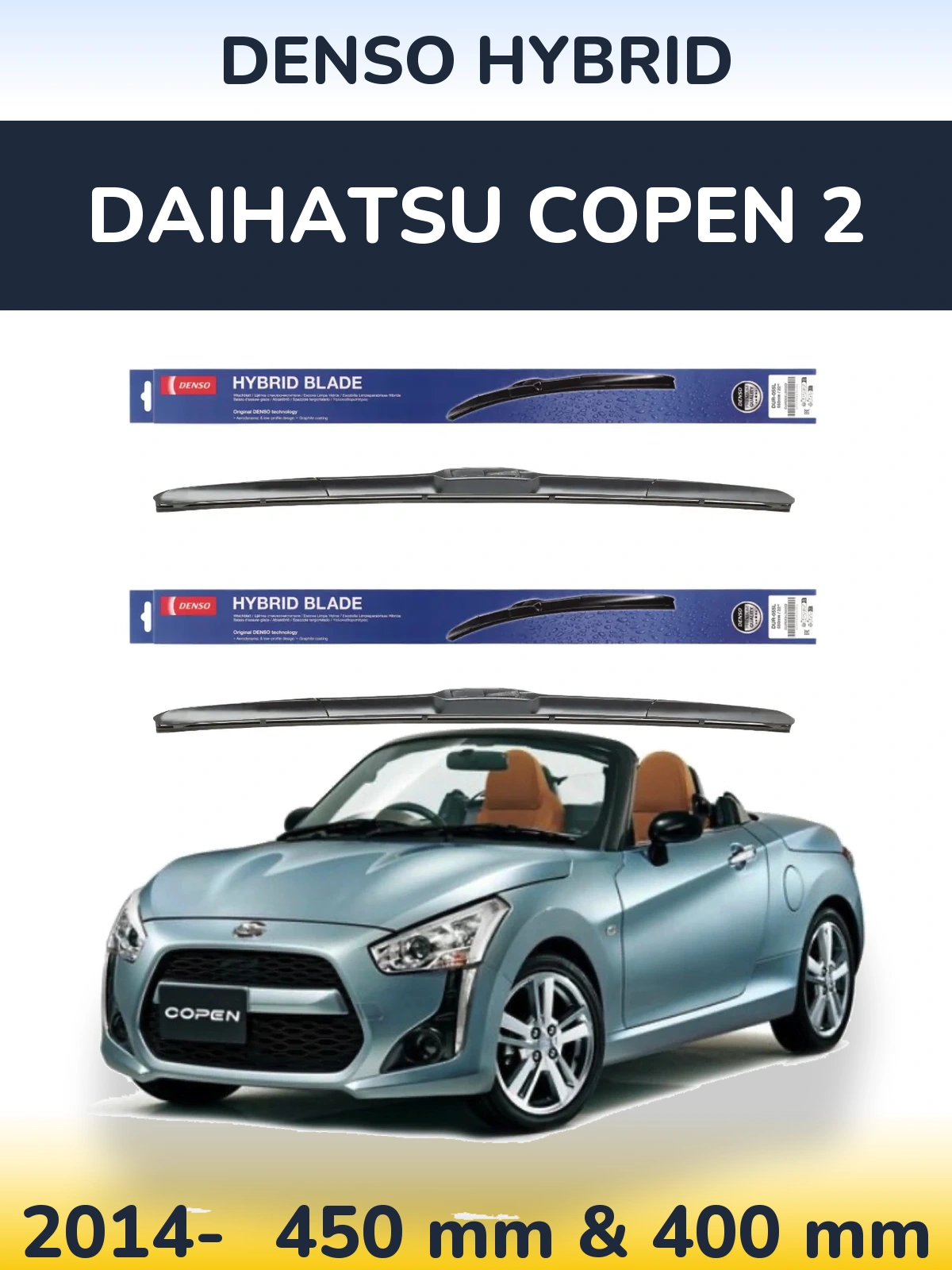 Sada předních stěračů Denso Hybrid 450 a 400 mm pro Daihatsu Copen 2 2014-2026