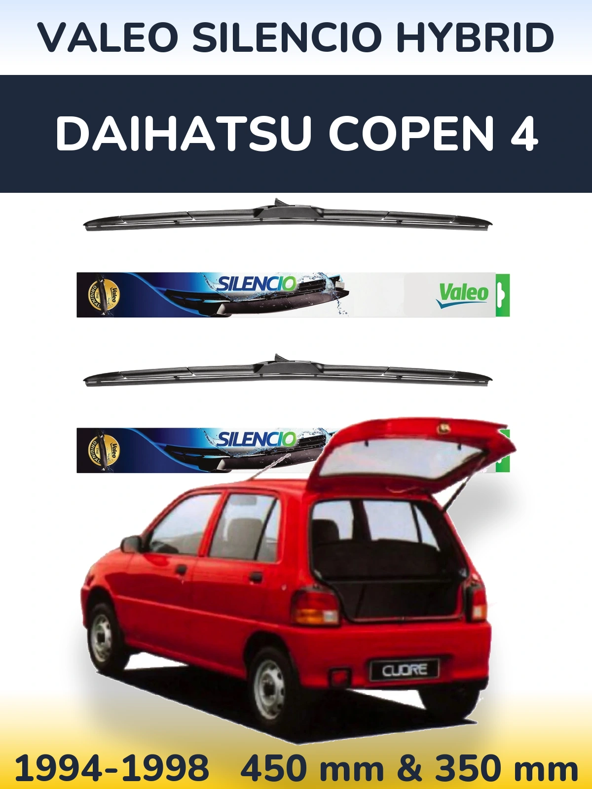 Sada předních stěračů Valeo Silencio Hybrid 450 a 350 mm pro Daihatsu Copen 4 1994-1998