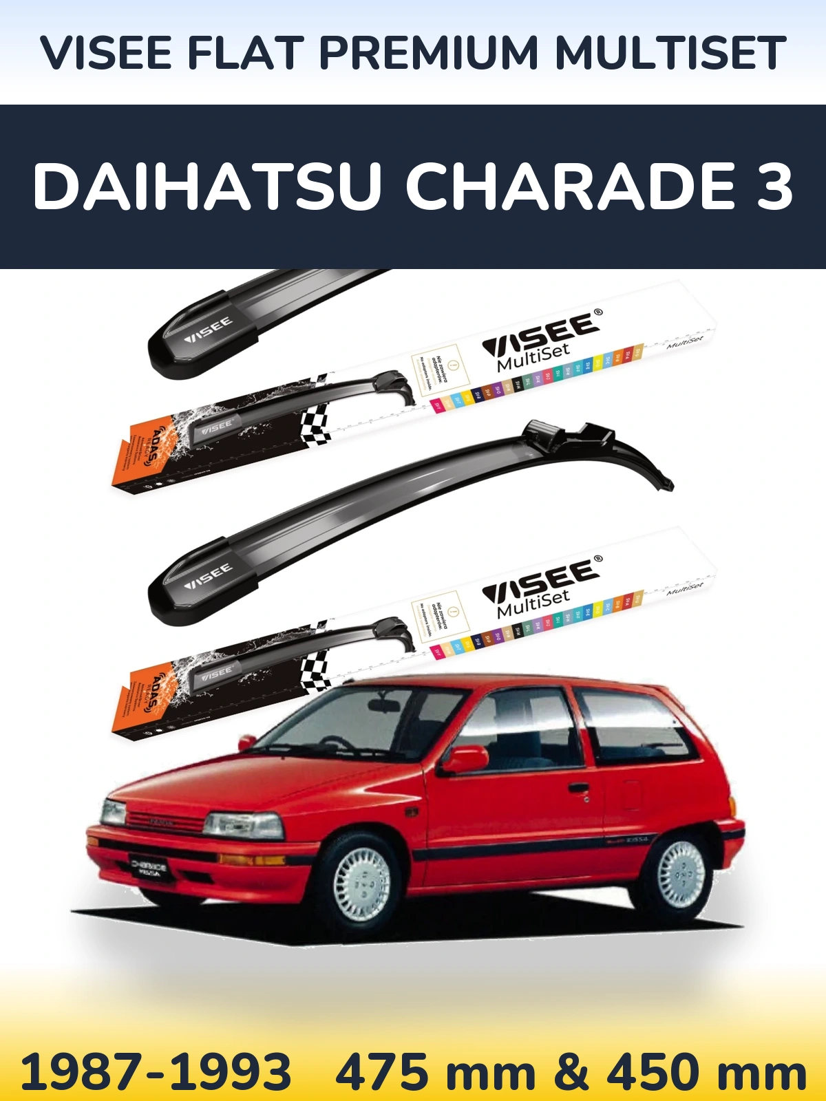 Sada předních stěračů VISEE FLAT PREMIUM MultiSet 475 a 450 mm pro Daihatsu Charade 3 1987-1993