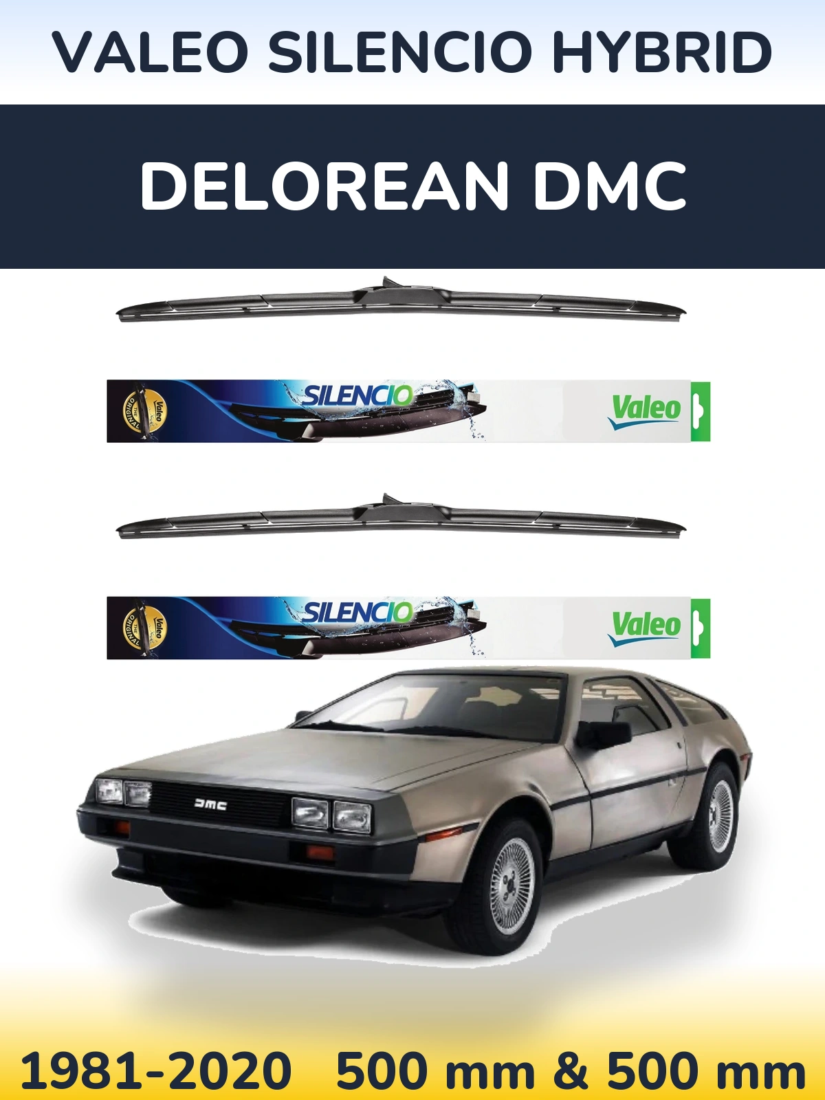 Sada předních stěračů Valeo Silencio Hybrid 500 a 500 mm pro DeLorean DMC 1981-2020