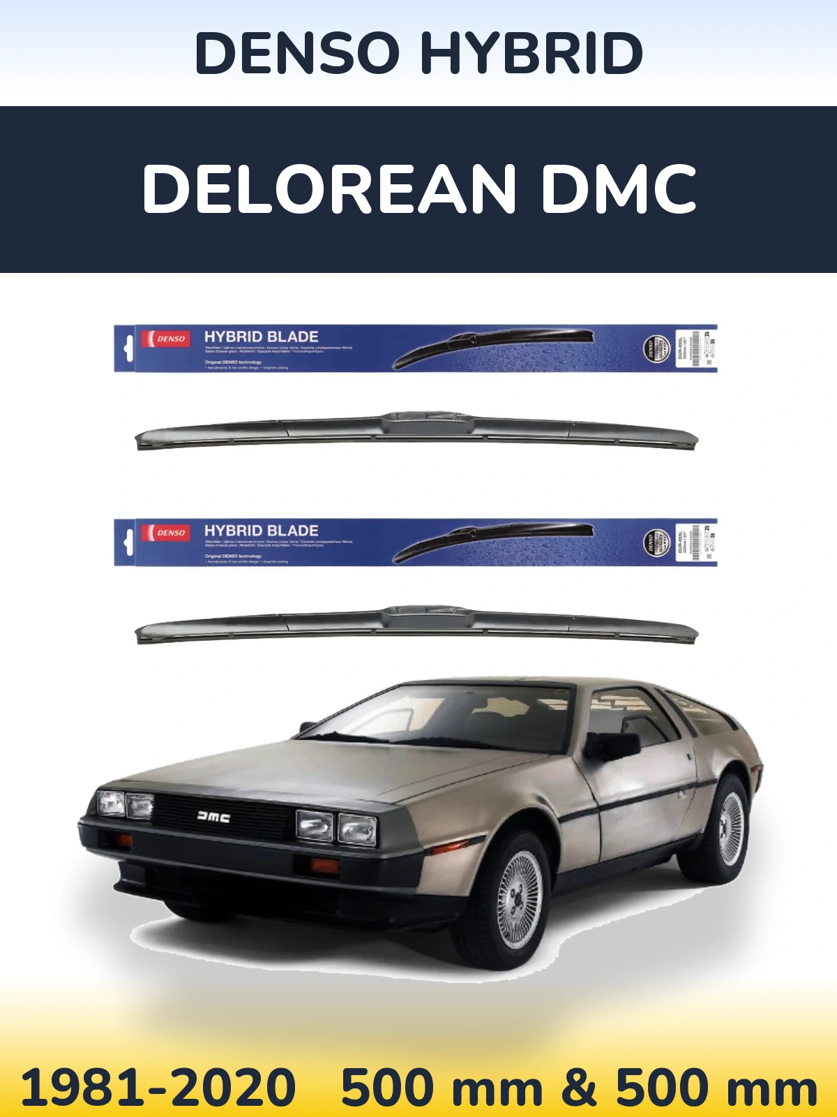Sada předních stěračů Denso Hybrid 500 a 500 mm pro DeLorean DMC 1981-2020
