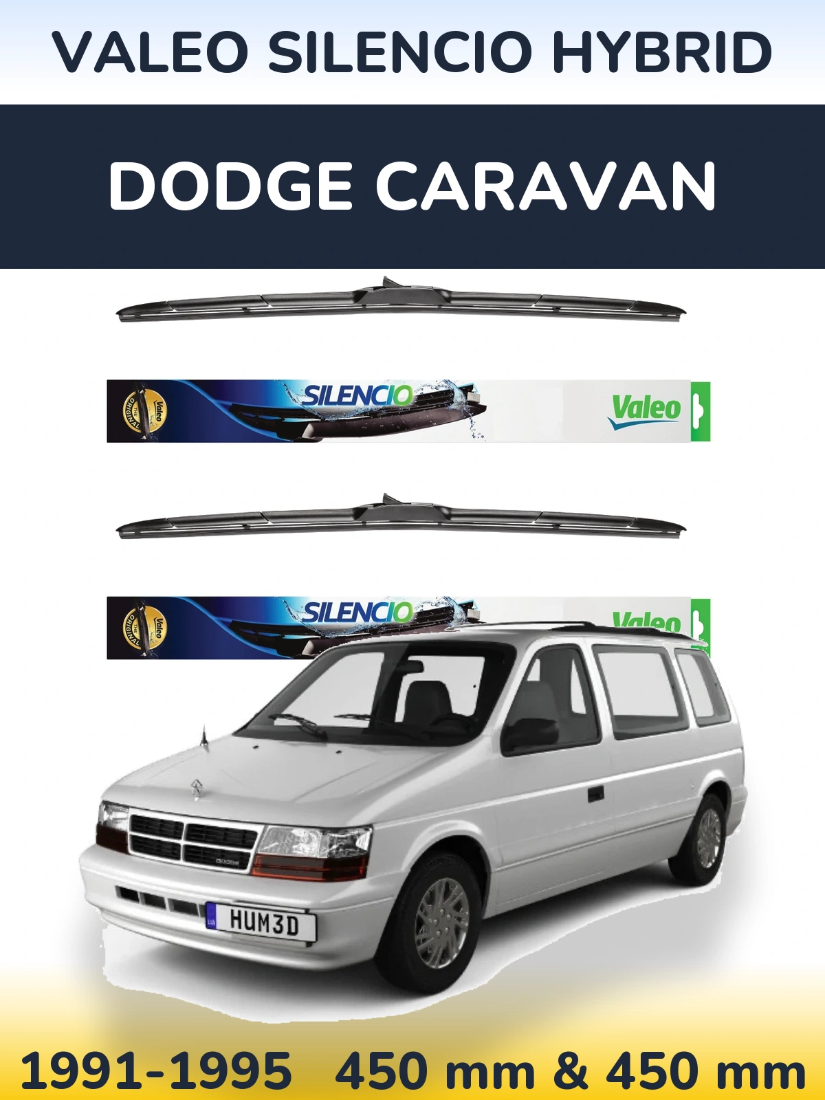 Sada předních stěračů Valeo Silencio Hybrid 450 a 450 mm pro Dodge Caravan 1991-1995