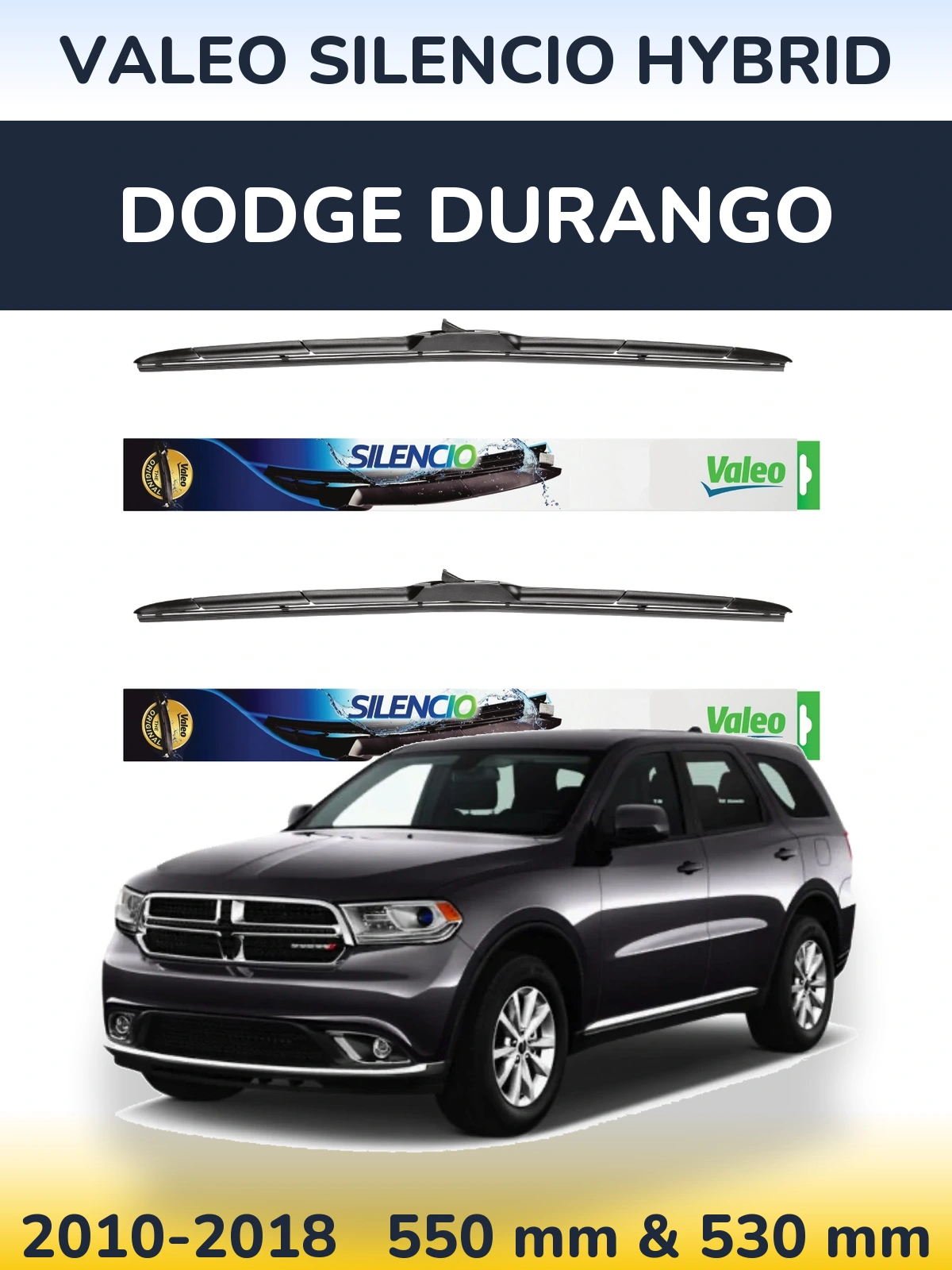 Sada předních stěračů Valeo Silencio Hybrid 550 a 530 mm pro Dodge Durango 2010-2018