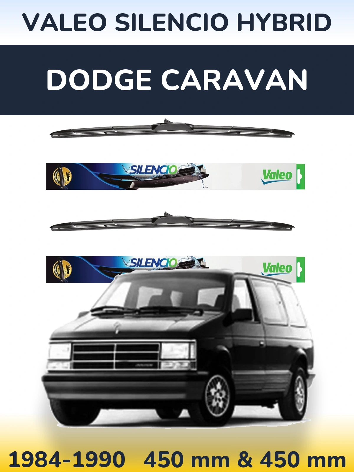 Sada předních stěračů Valeo Silencio Hybrid 450 a 450 mm pro Dodge Caravan 1984-1990
