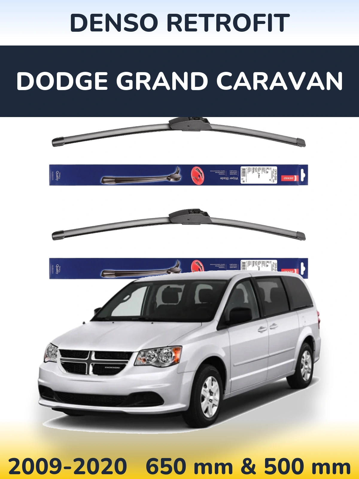 Sada předních stěračů Denso Retrofit 650 a 500 mm pro Dodge Grand Caravan 2009-2020