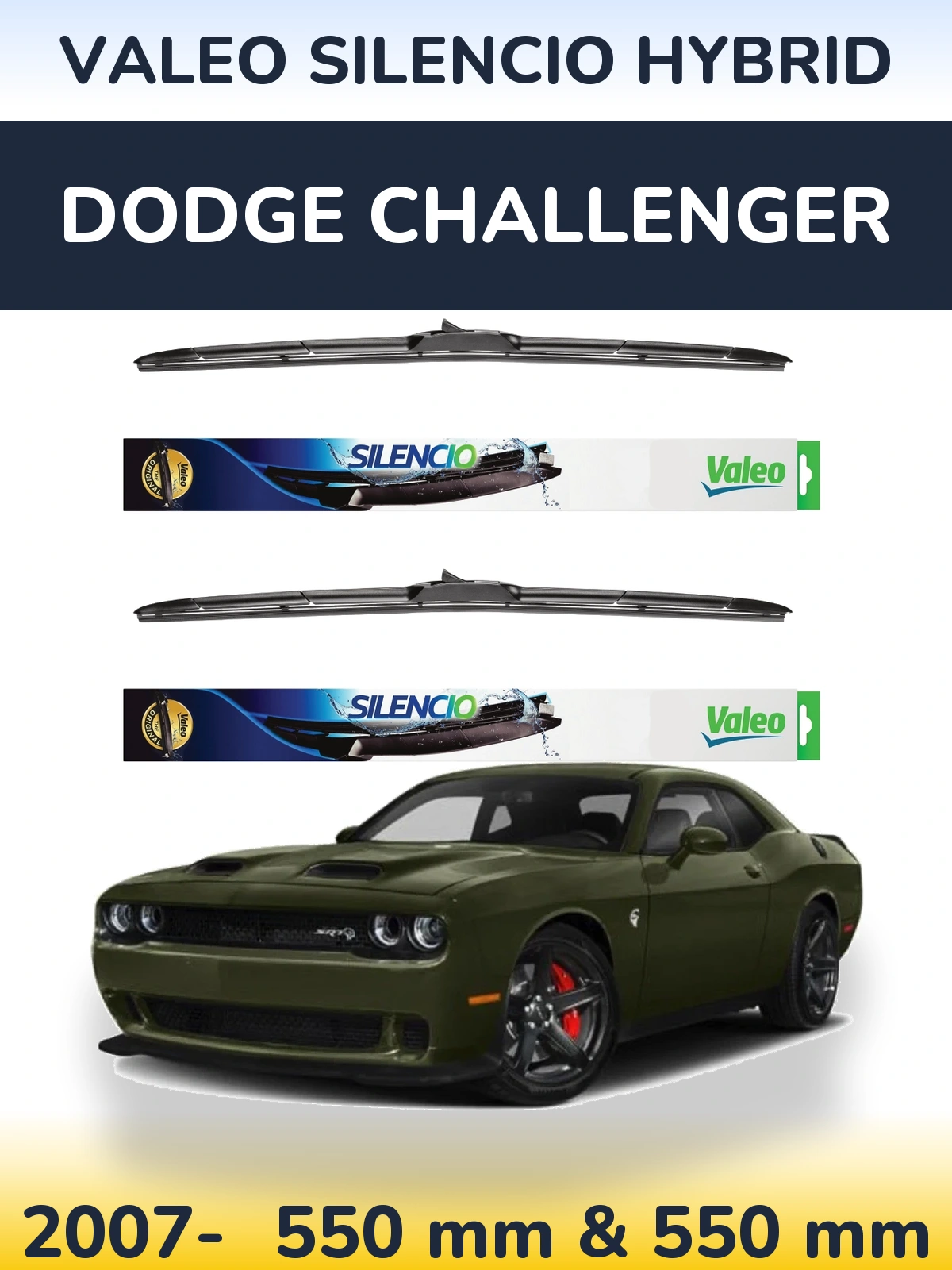 Sada předních stěračů Valeo Silencio Hybrid 550 a 550 mm pro Dodge Challenger 2007-2026