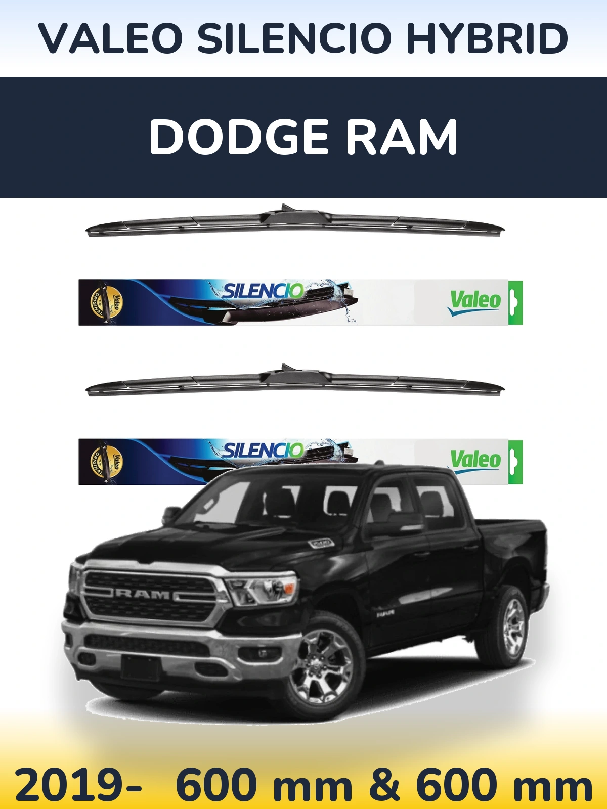 Sada předních stěračů Valeo Silencio Hybrid 600 a 600 mm pro Dodge RAM 2019-2026