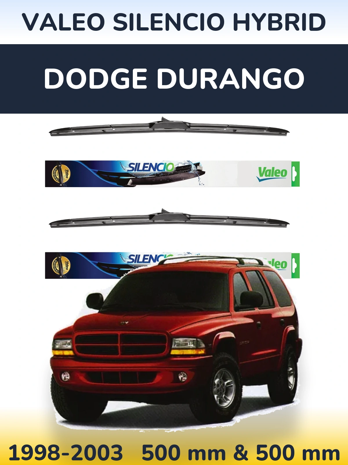 Sada předních stěračů Valeo Silencio Hybrid 500 a 500 mm pro Dodge Durango 1998-2003