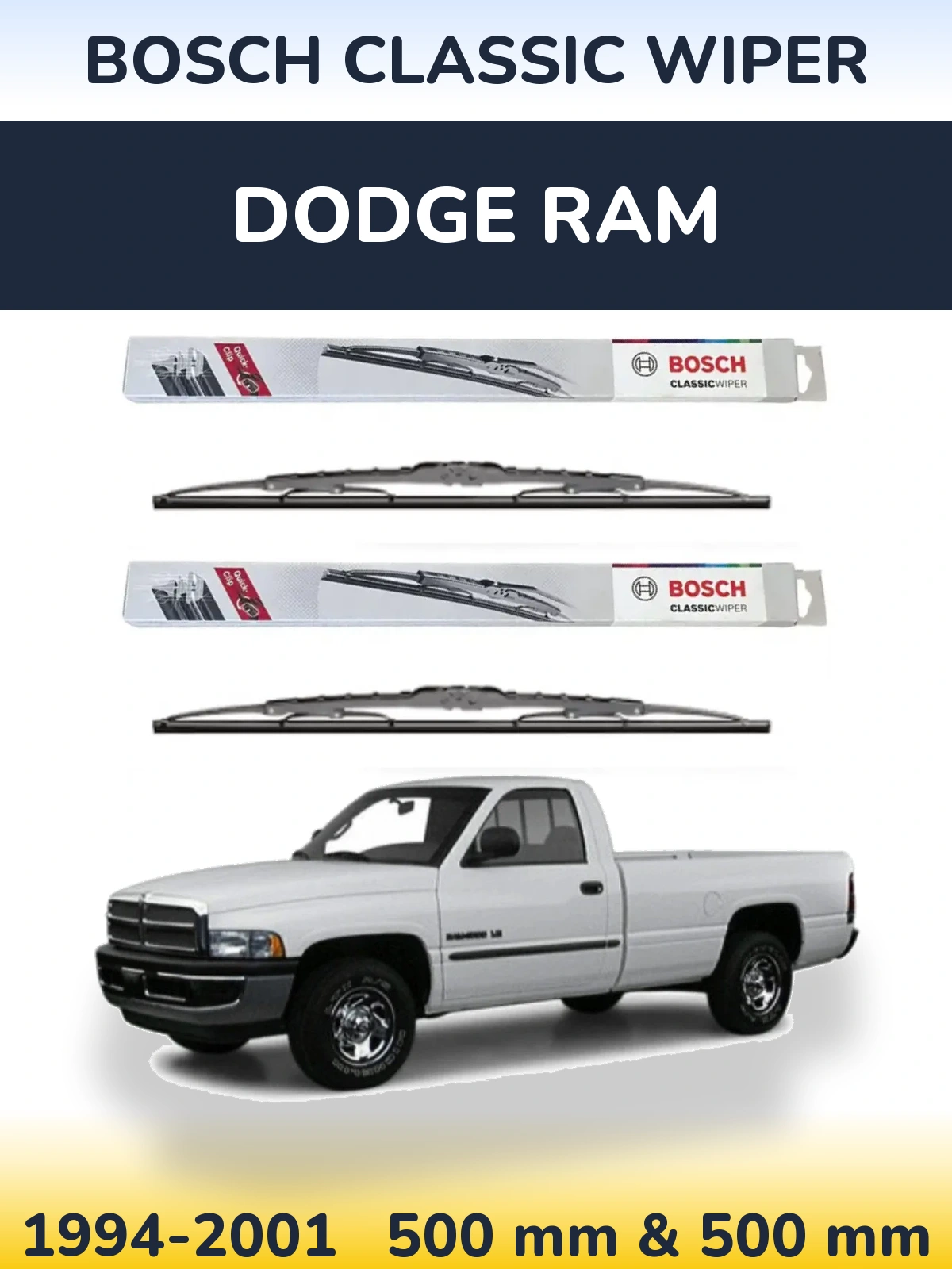 Sada předních stěračů BOSCH Classic Wiper 500 a 500 mm pro Dodge RAM 1994-2001
