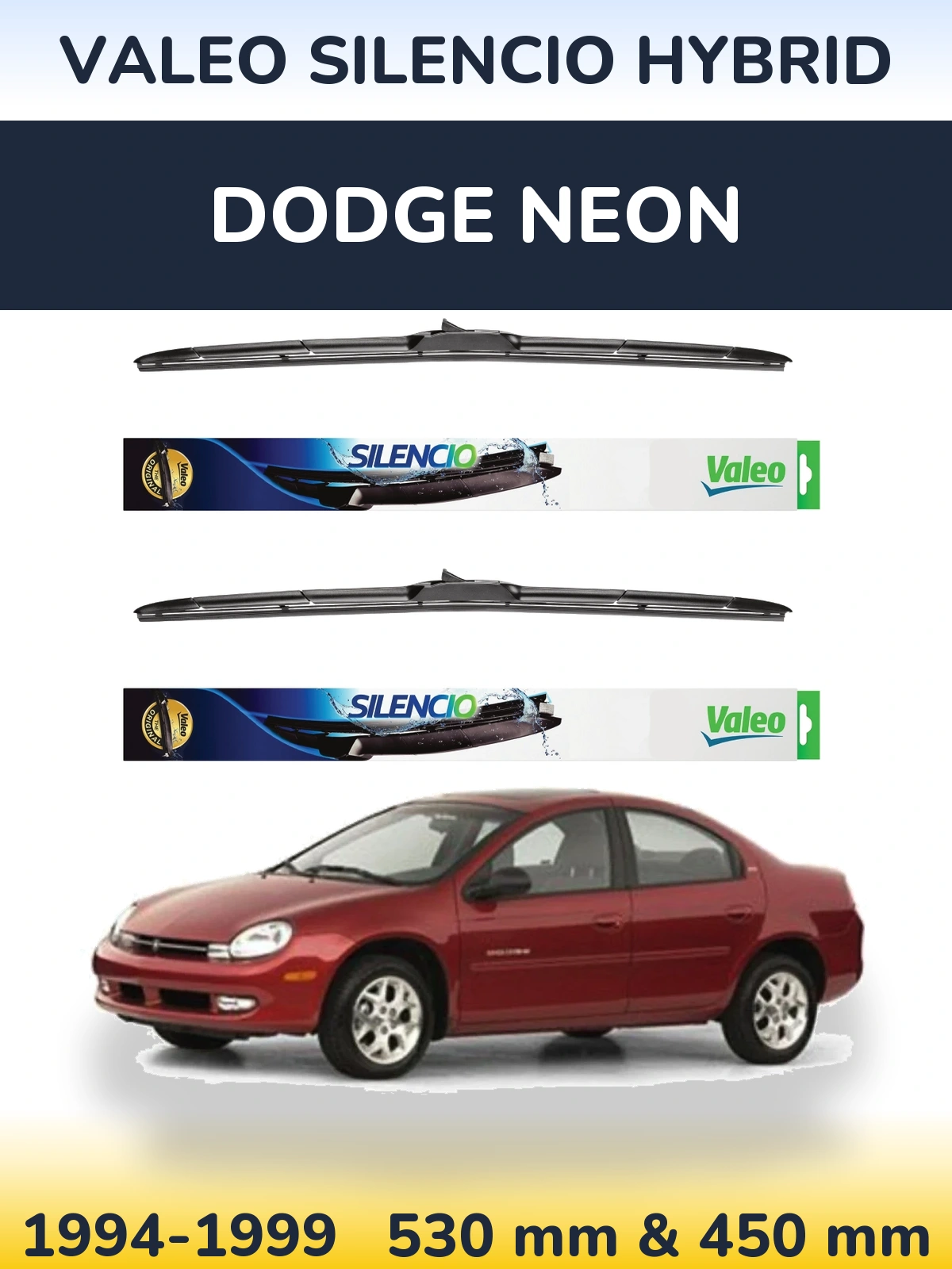 Sada předních stěračů Valeo Silencio Hybrid 530 a 450 mm pro Dodge Neon 1994-1999