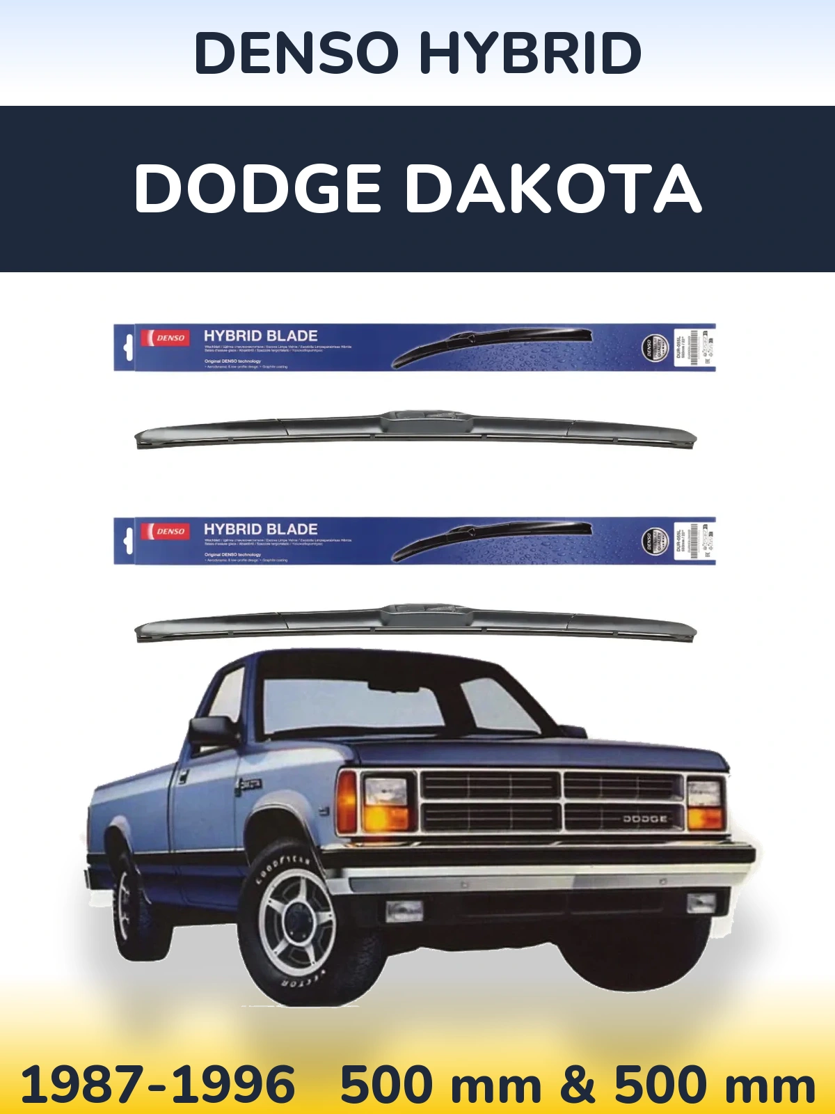 Sada předních stěračů Denso Hybrid 500 a 500 mm pro Dodge Dakota 1987-1996