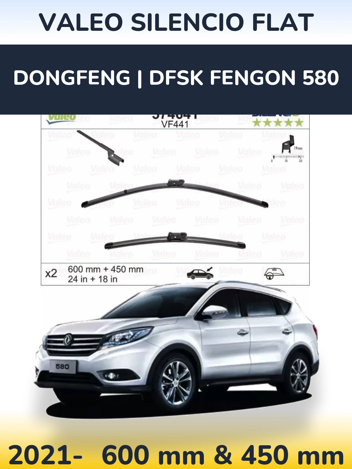 Sada předních stěračů Valeo Silencio Flat 600 a 450 mm pro DongFeng | DFSK Fengon 580 2021-2026