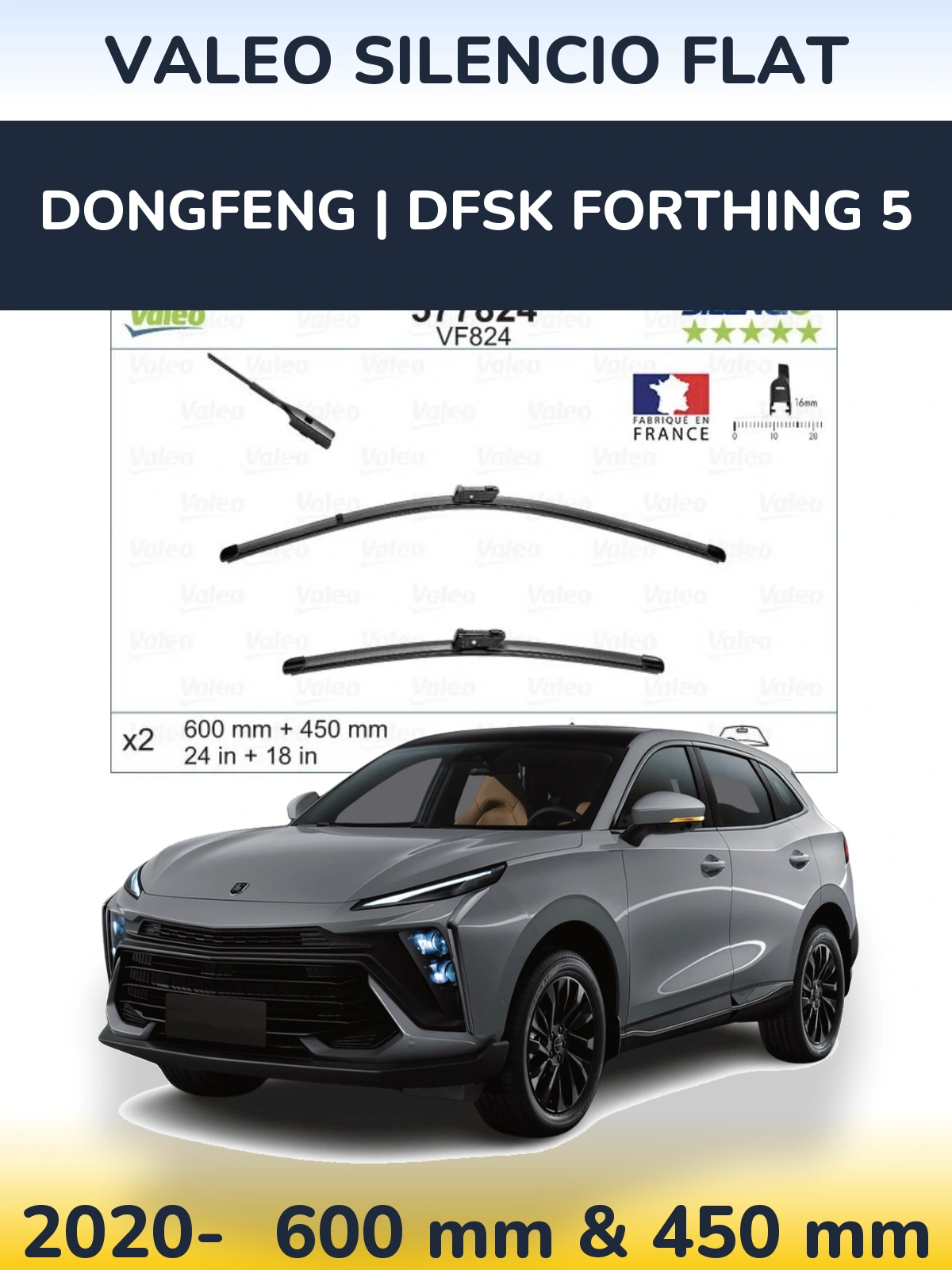 Sada předních stěračů Valeo Silencio Flat 600 a 450 mm pro DongFeng | DFSK Forthing 5 2020-2026