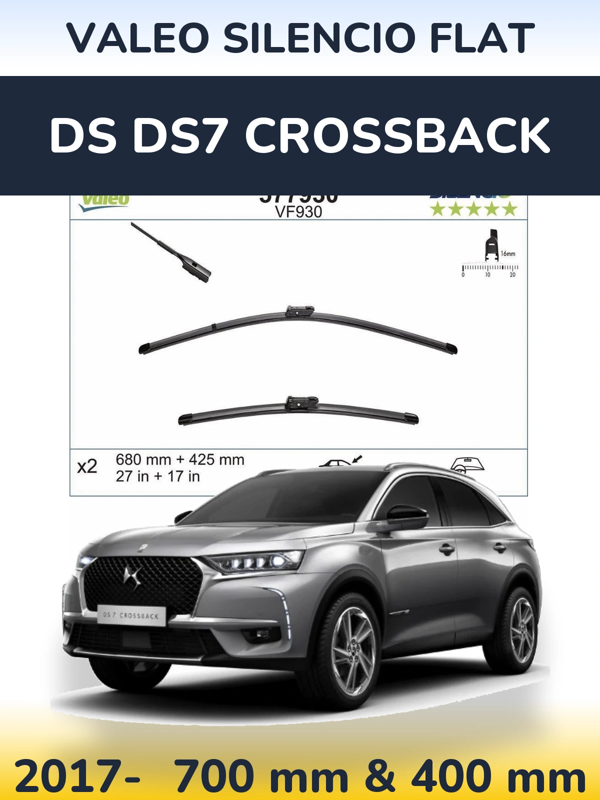 Sada předních stěračů Valeo Silencio Flat 680 a 400 mm pro DS DS7 Crossback 2017-2026