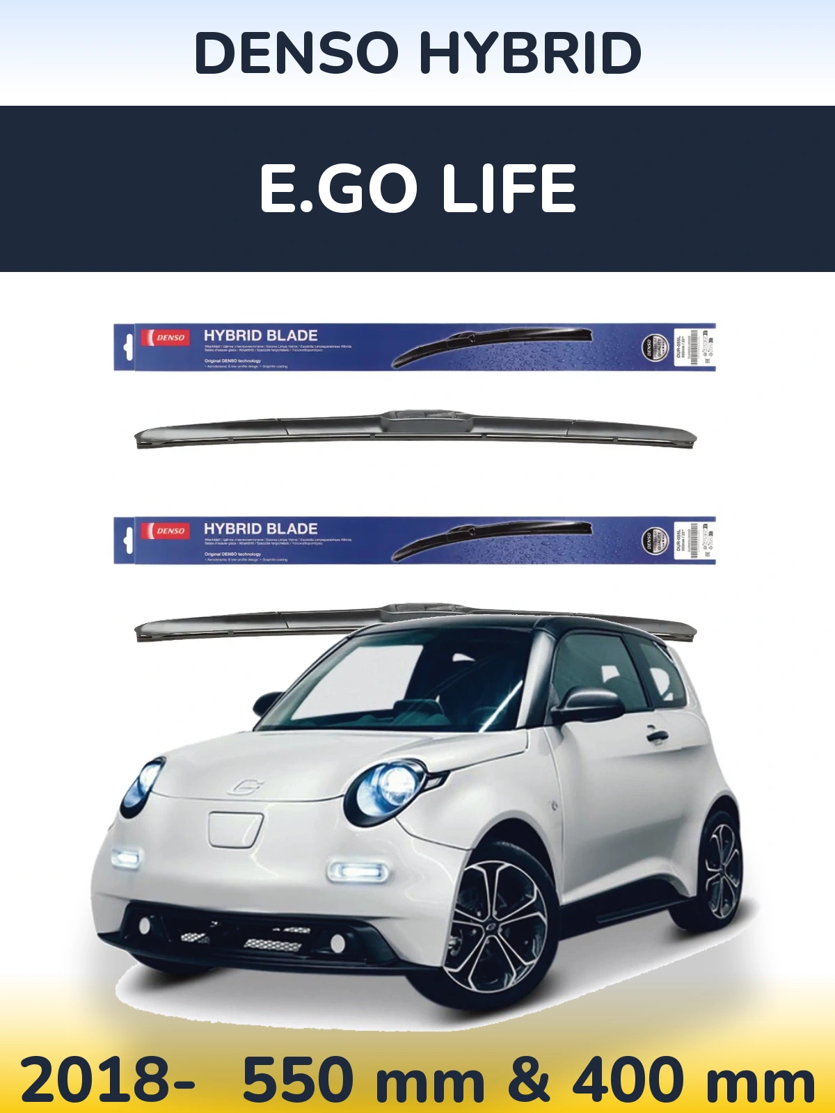 Sada předních stěračů Denso Hybrid 550 a 400 mm pro E.GO life 2018-2026