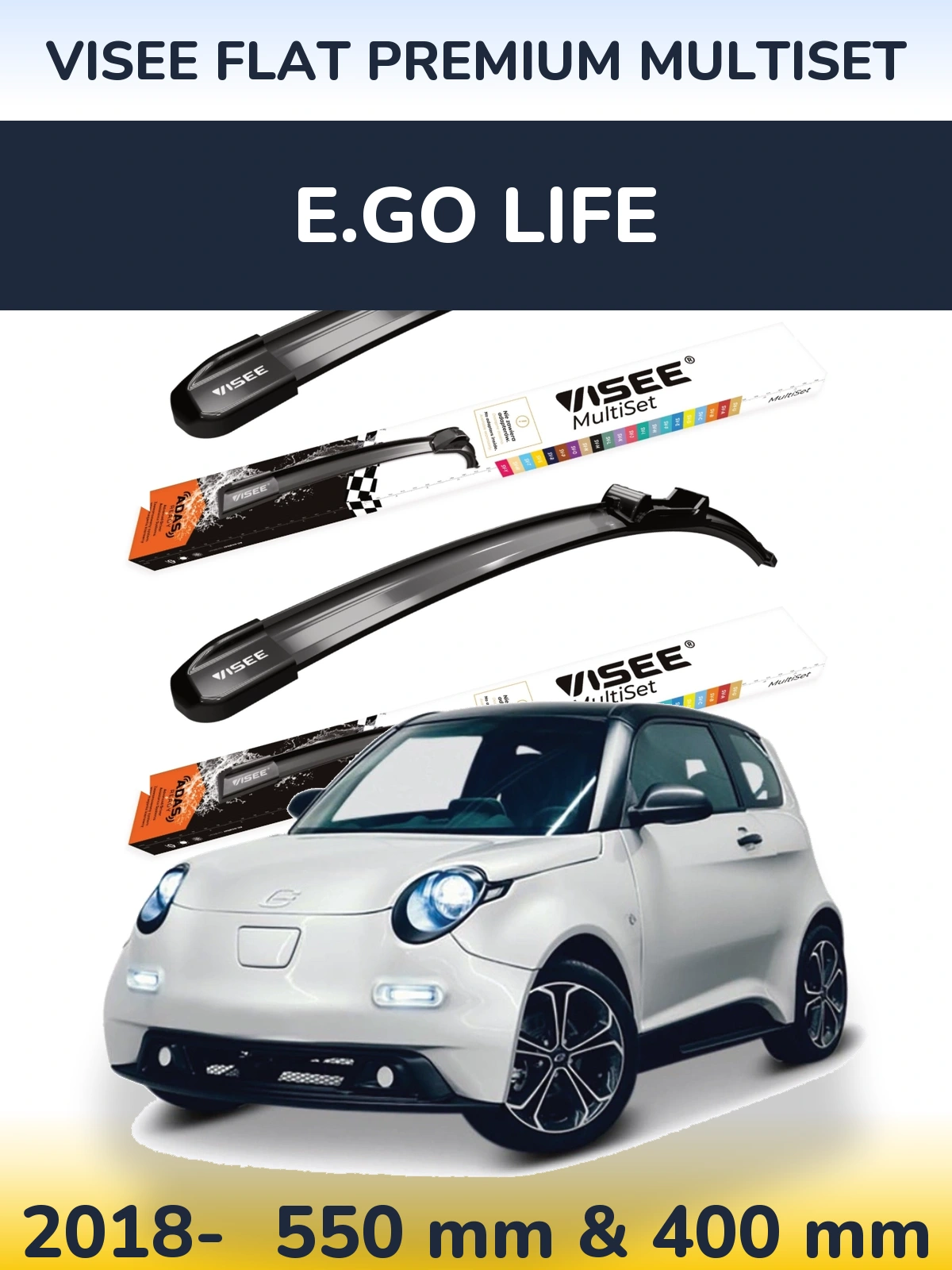 Sada předních stěračů VISEE FLAT PREMIUM MultiSet 550 a 400 mm pro E.GO life 2018-2026