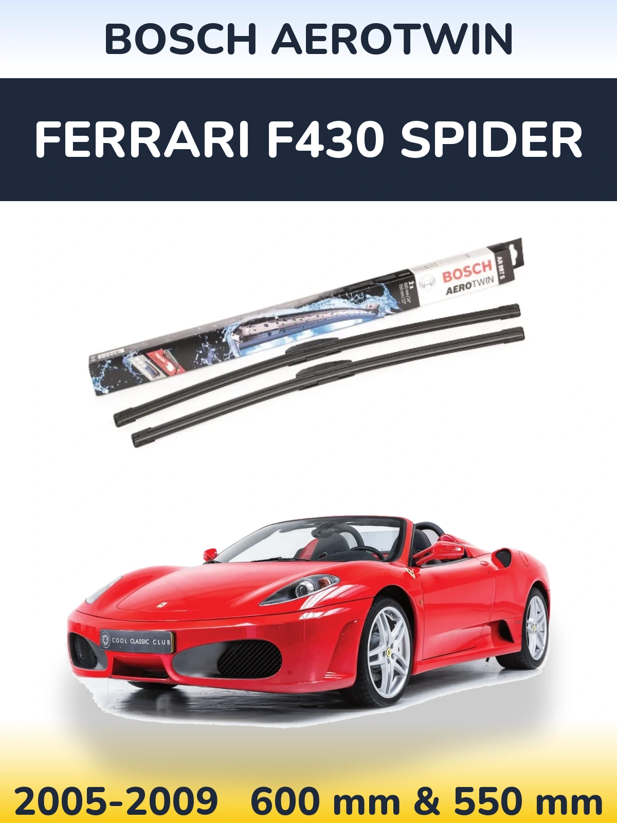 Sada předních stěračů BOSCH AeroTwin 600 a 550 mm pro Ferrari F430 Spider 2005-2009