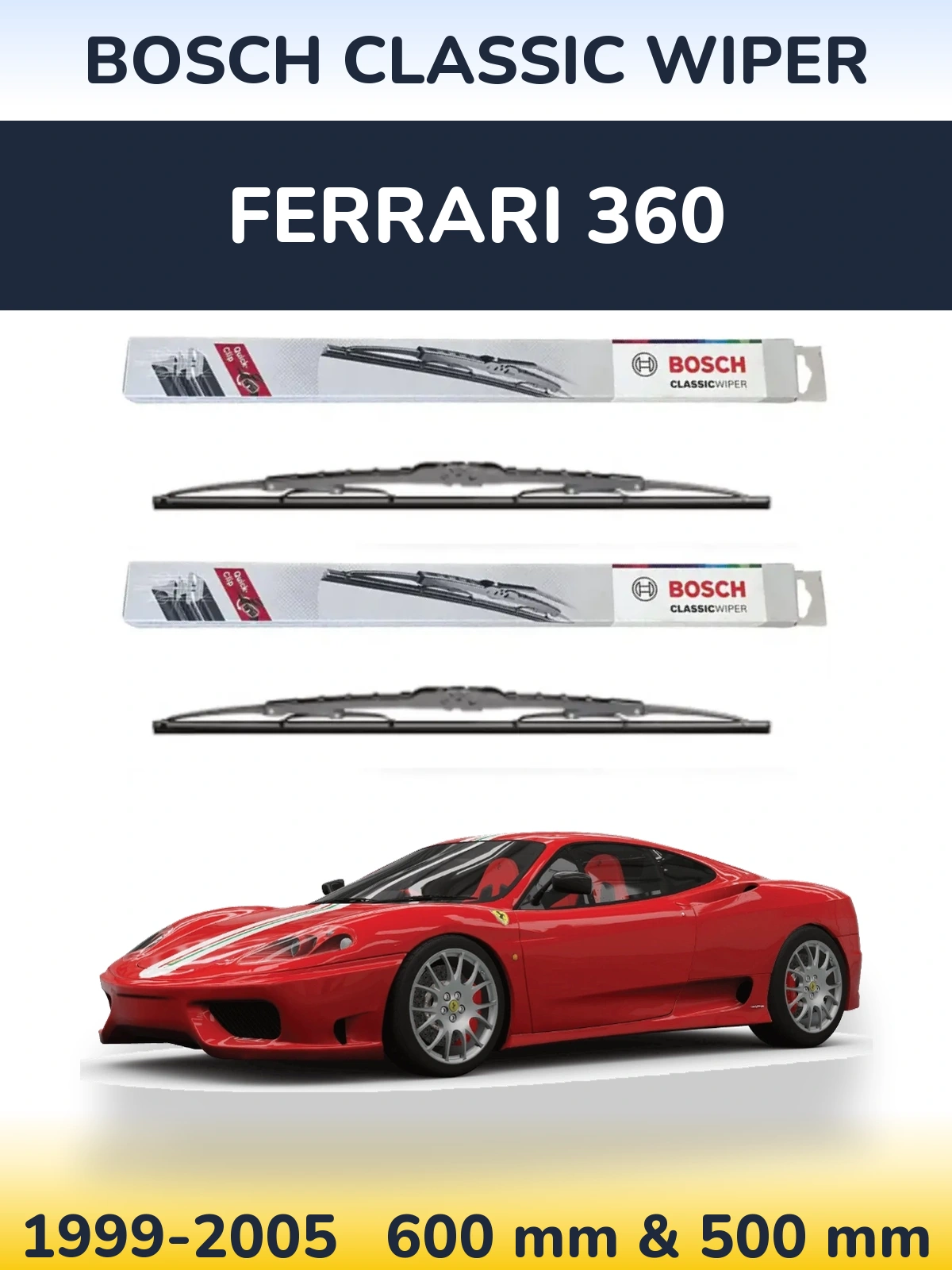 Sada předních stěračů BOSCH Classic Wiper 600 a 500 mm pro Ferrari 360 1999-2005