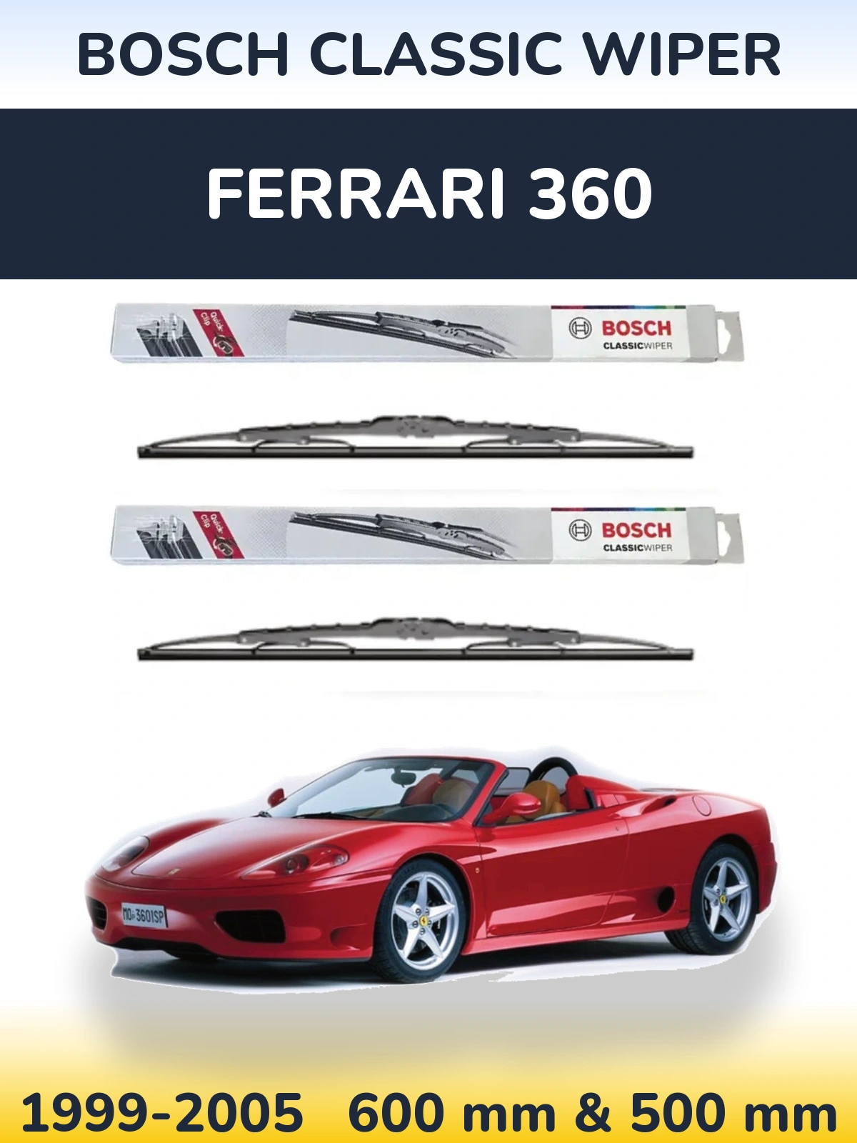 Sada předních stěračů BOSCH Classic Wiper 600 a 500 mm pro Ferrari 360 1999-2005
