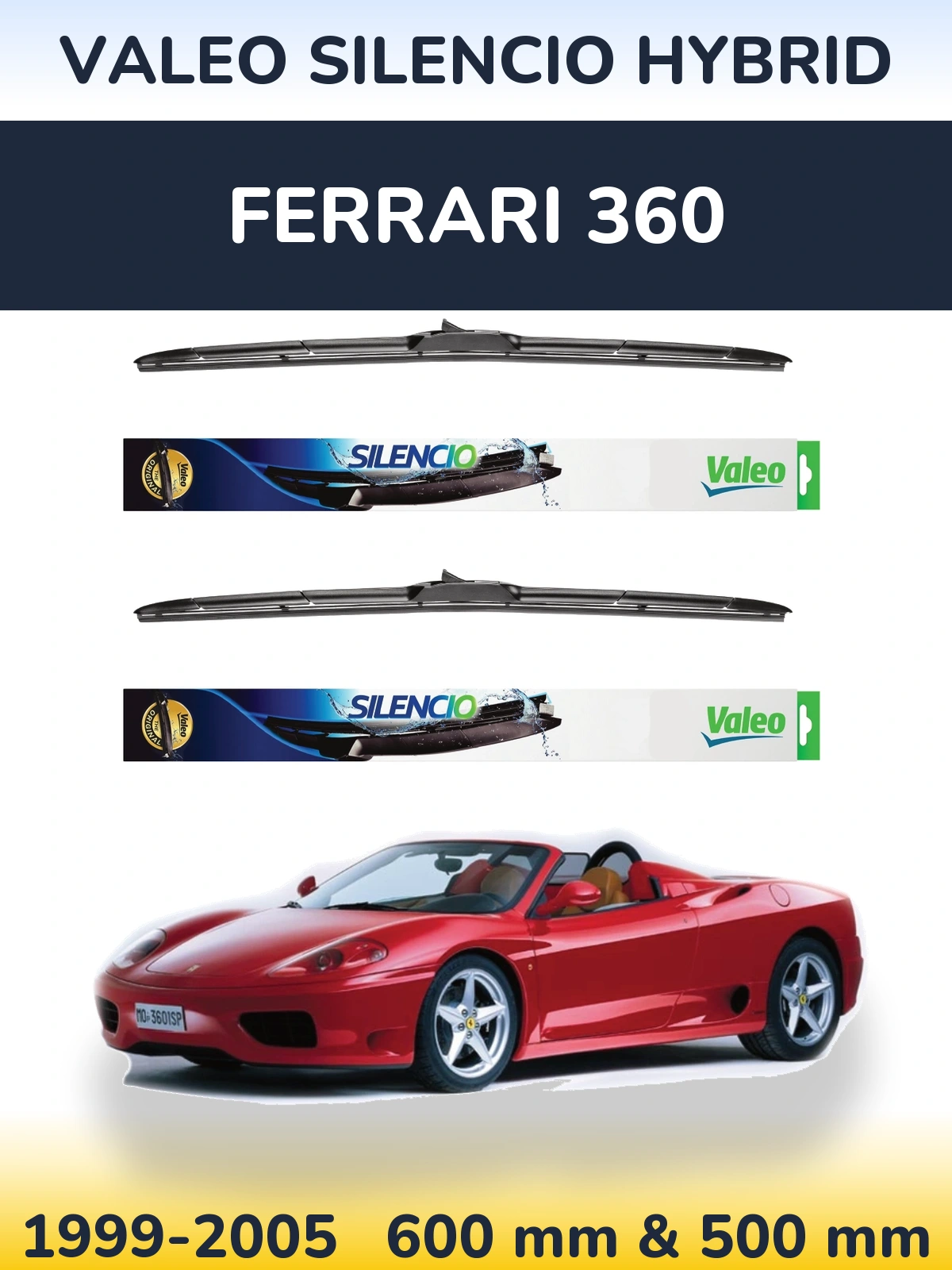 Sada předních stěračů Valeo Silencio Hybrid 600 a 500 mm pro Ferrari 360 1999-2005