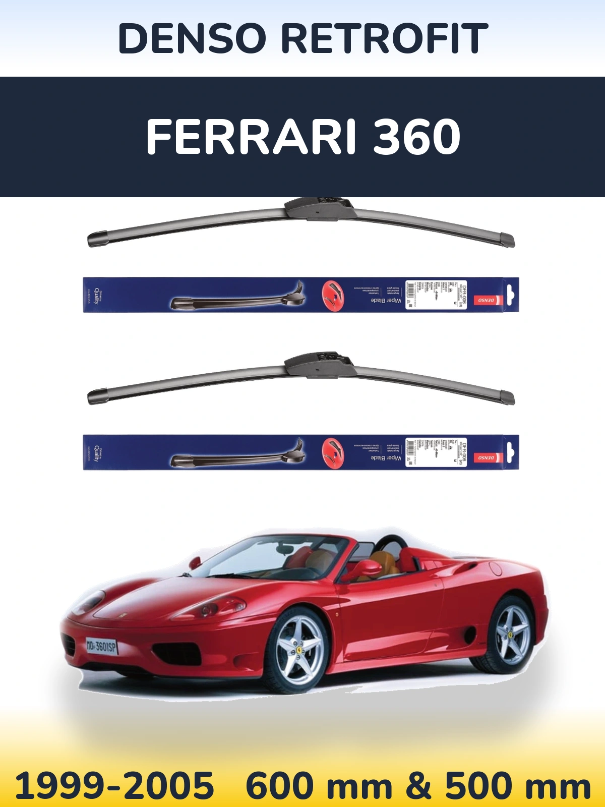 Sada předních stěračů Denso Retrofit 600 a 500 mm pro Ferrari 360 1999-2005