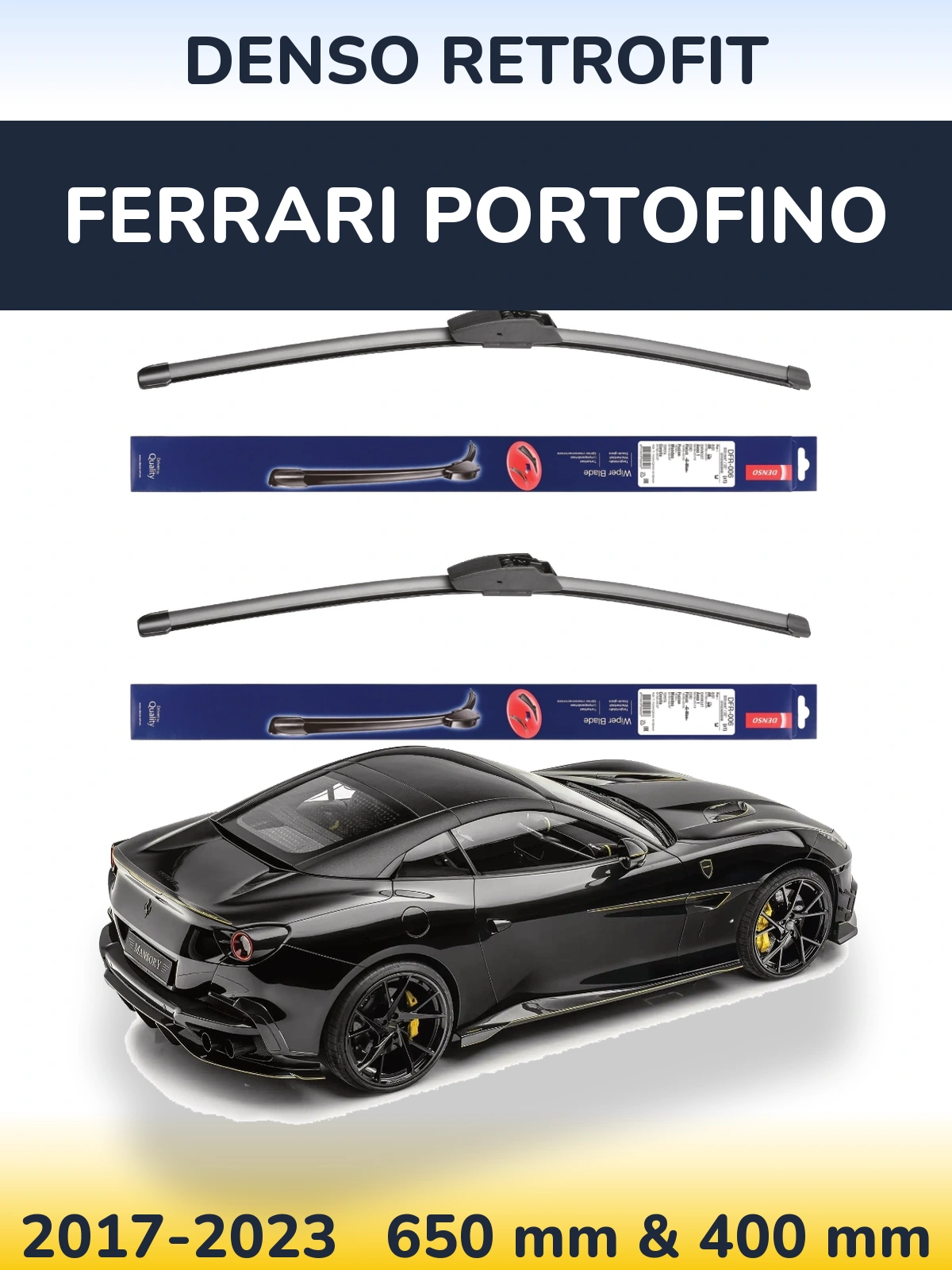 Sada předních stěračů Denso Retrofit 650 a 400 mm pro Ferrari Portofino 2017-2023