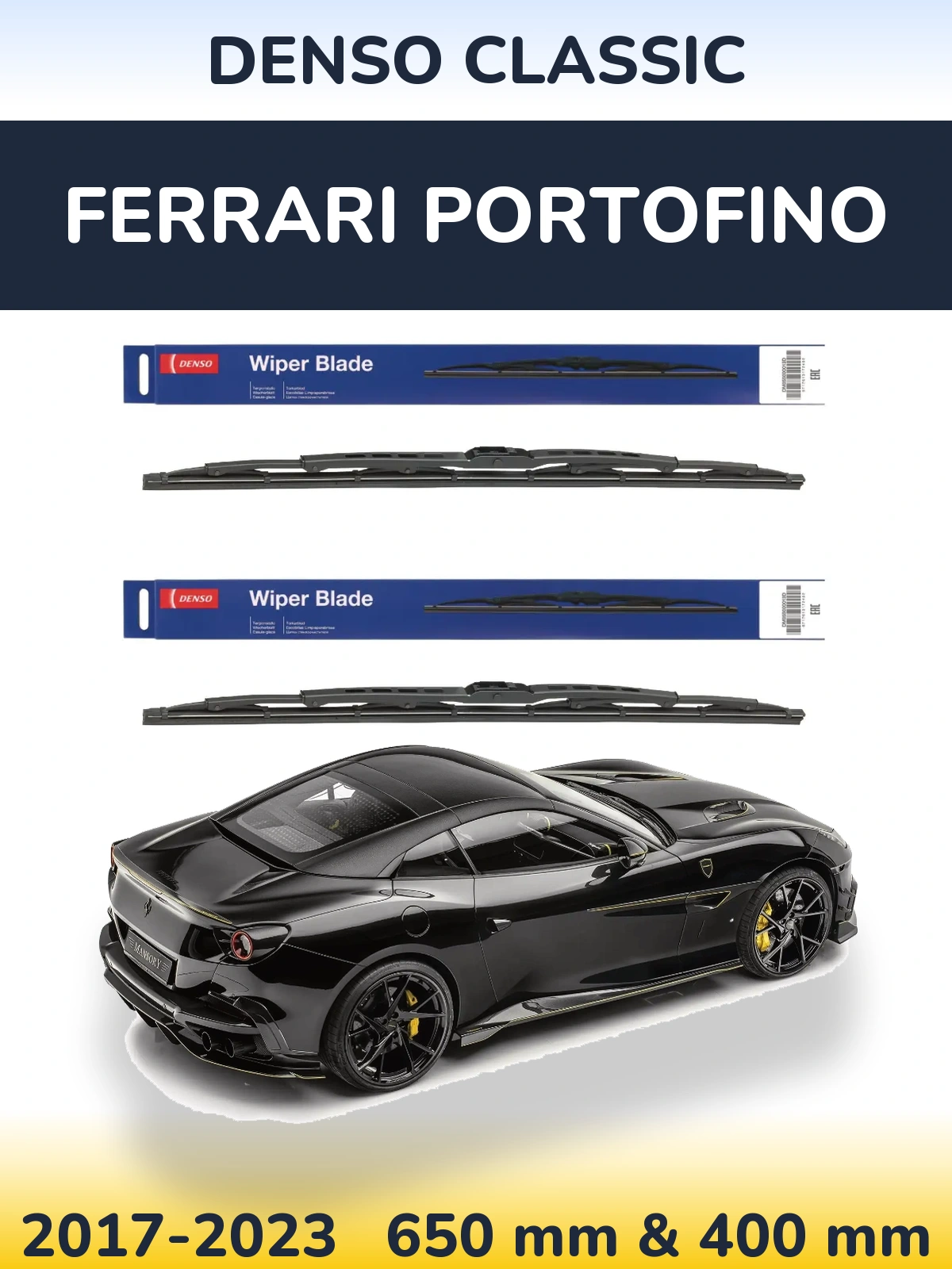 Sada předních stěračů Denso Classic 650 a 400 mm pro Ferrari Portofino 2017-2023