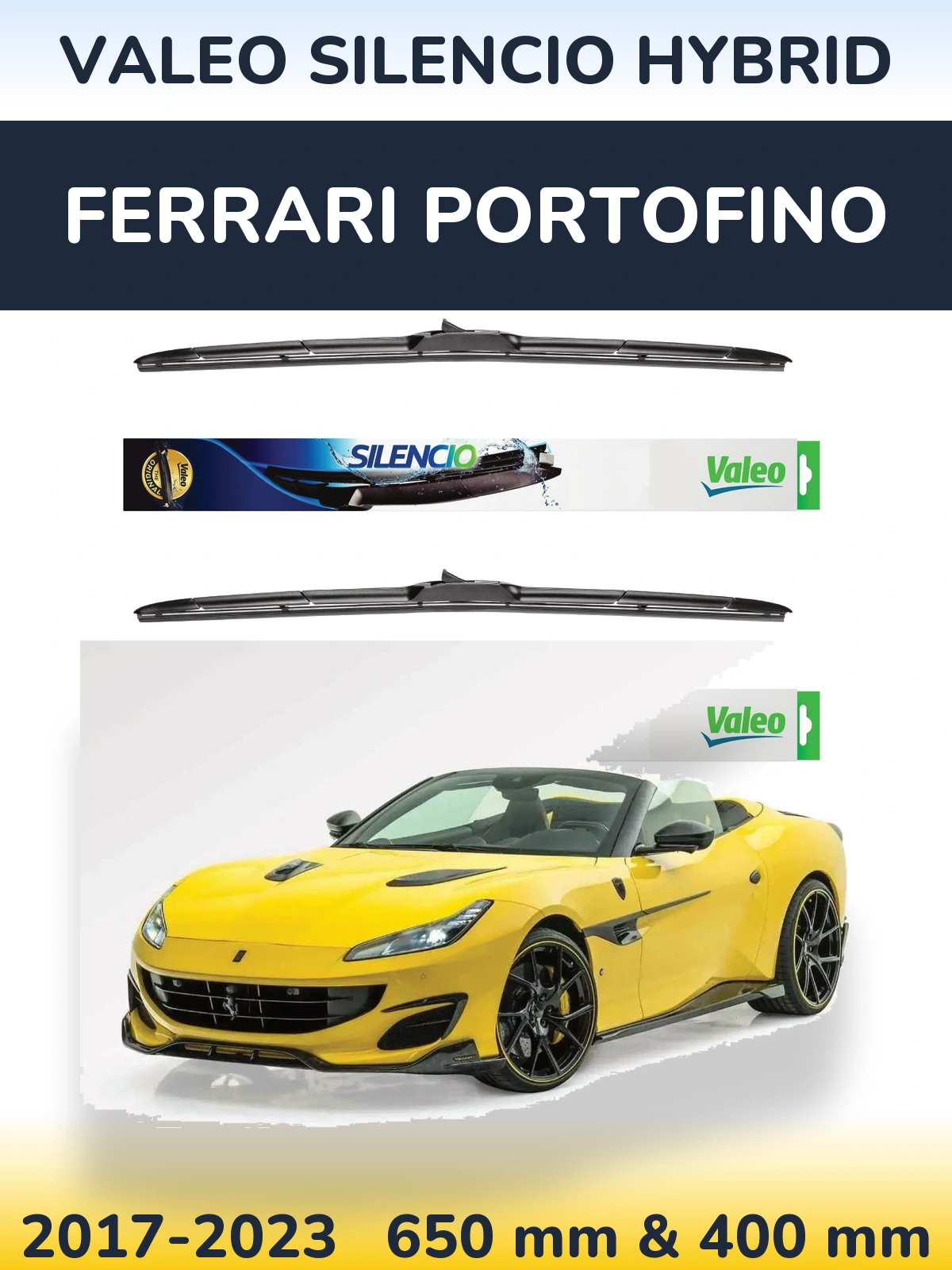 Sada předních stěračů Valeo Silencio Hybrid 650 a 400 mm pro Ferrari Portofino 2017-2023