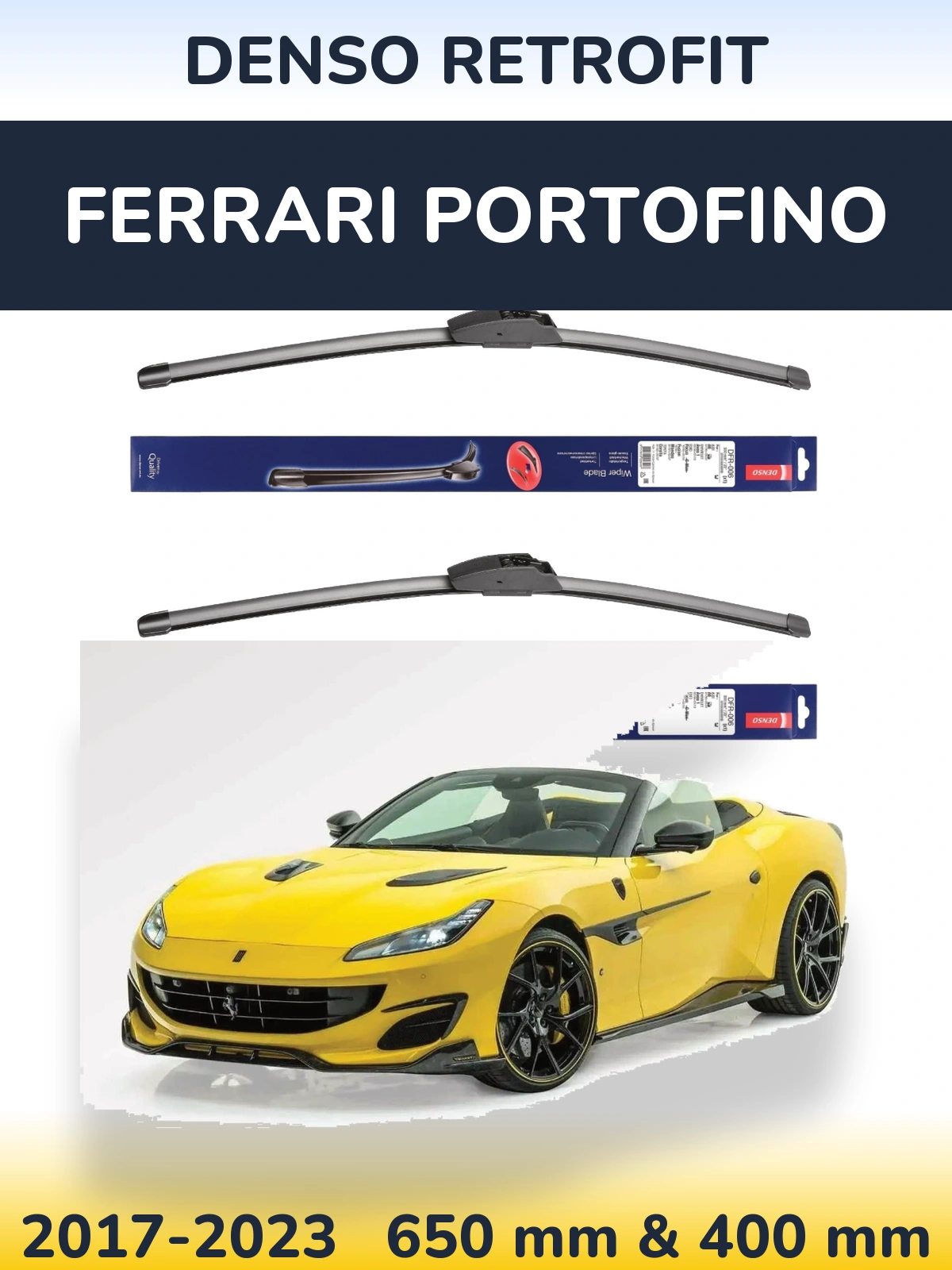 Sada předních stěračů Denso Retrofit 650 a 400 mm pro Ferrari Portofino 2017-2023