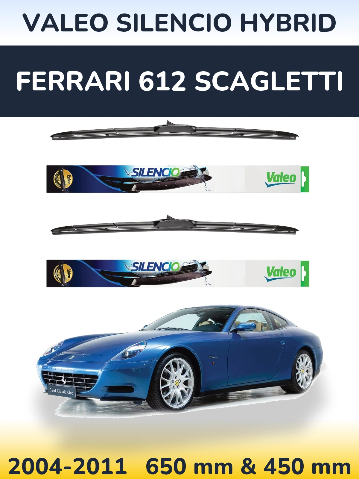Sada předních stěračů Valeo Silencio Hybrid 650 a 450 mm pro Ferrari 612 Scagletti 2004-2011