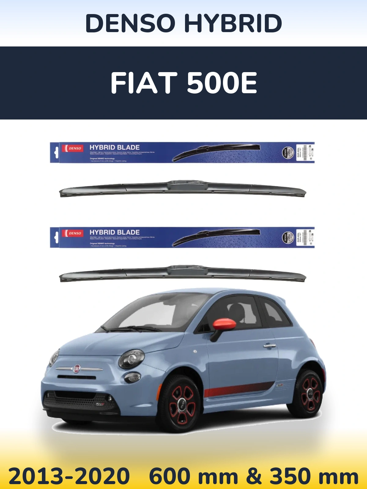 Sada předních stěračů Denso Hybrid 600 a 350 mm pro Fiat 500e 2013-2020