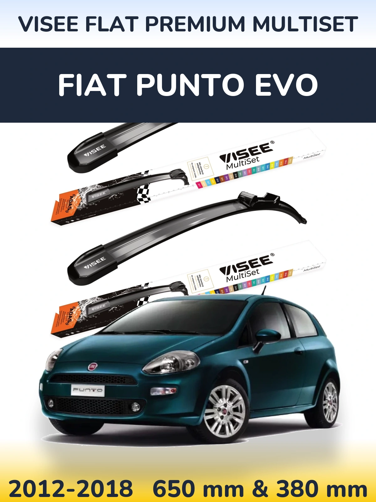Sada předních stěračů VISEE FLAT PREMIUM MultiSet 650 a 380 mm pro Fiat Punto Evo 2012-2018