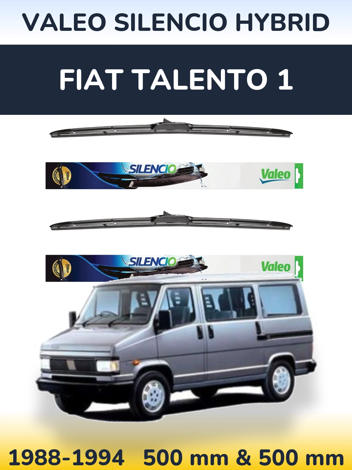 Sada předních stěračů Valeo Silencio Hybrid 500 a 500 mm pro Fiat Talento 1 1988-1994