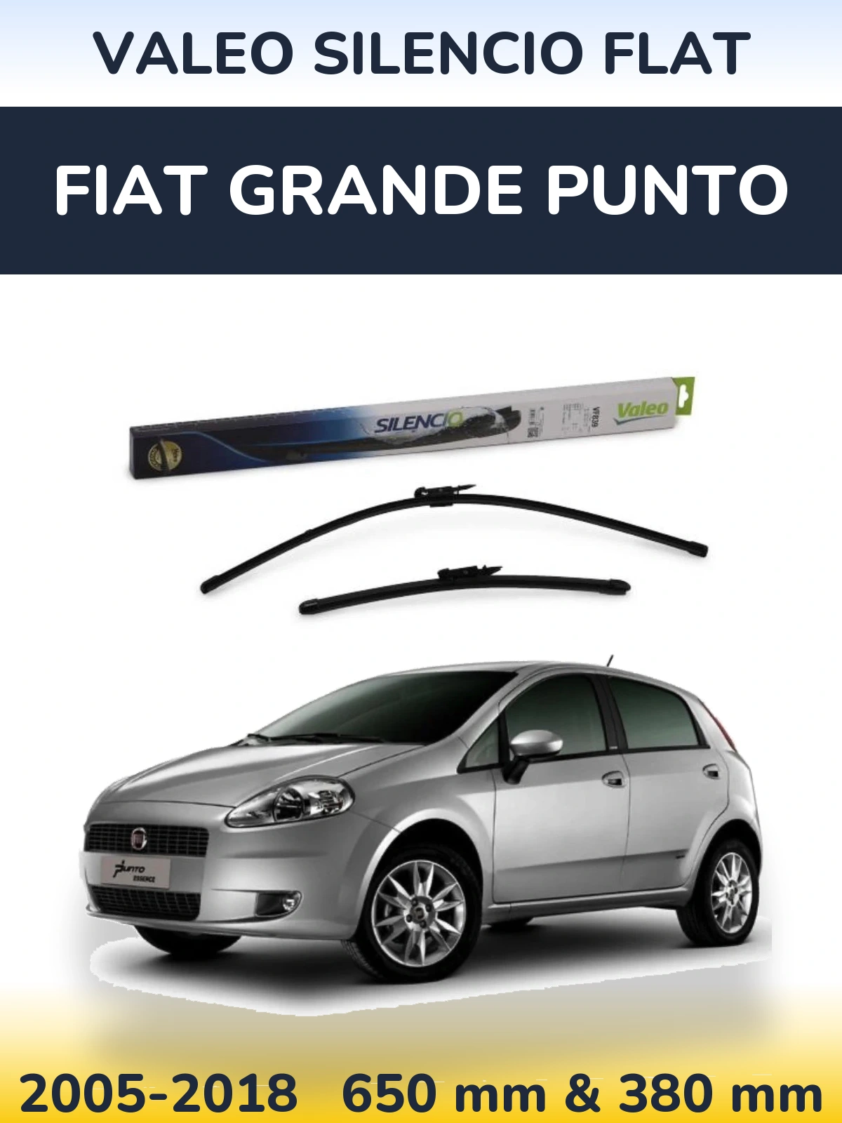 Sada předních stěračů Valeo Silencio Flat 650 a 380 mm pro Fiat Grande Punto 2005-2018