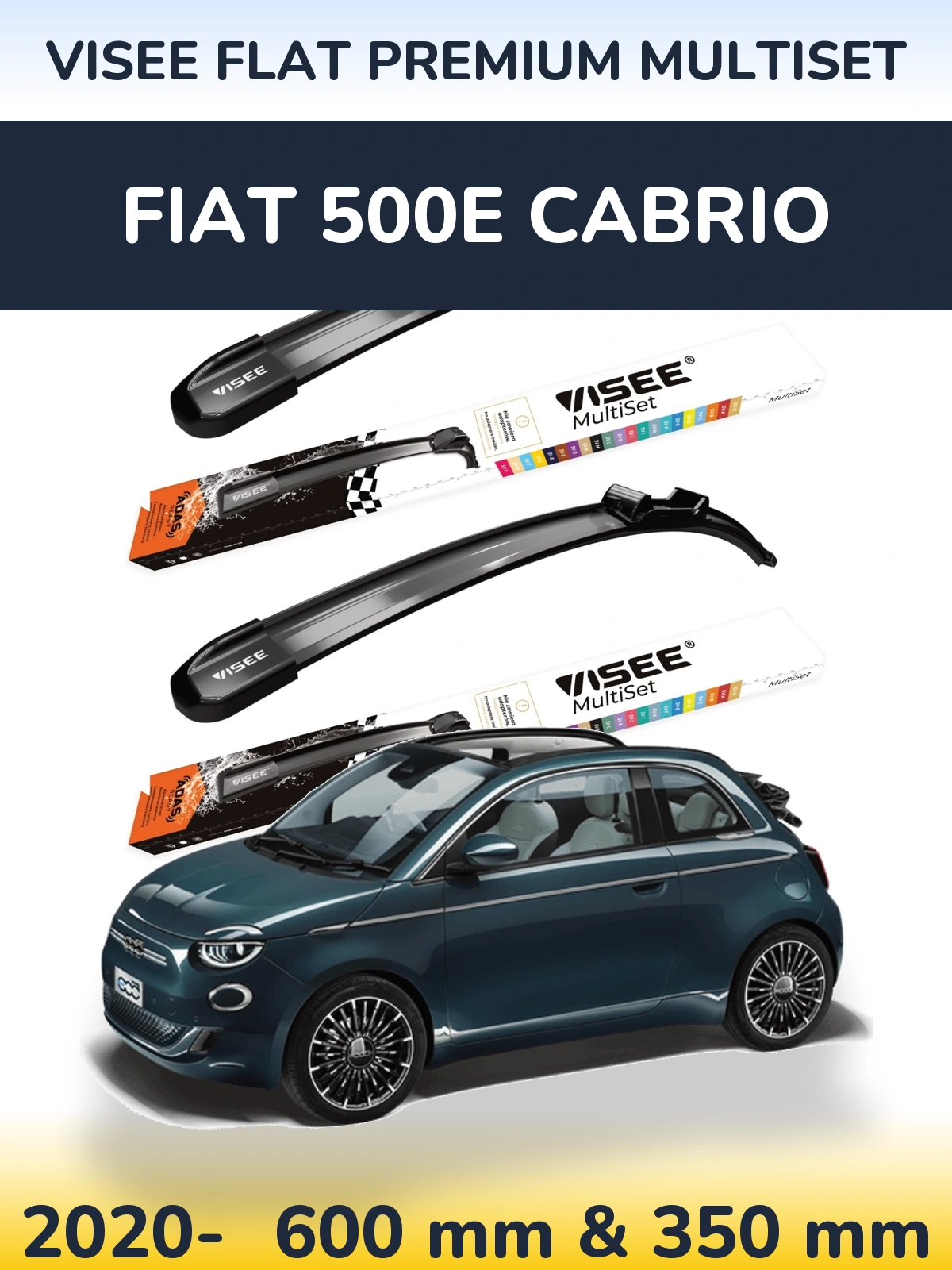 Комплект передніх щіток VISEE FLAT PREMIUM MultiSet 600 & 350 мм для Fiat 500e Cabrio 2020-2026