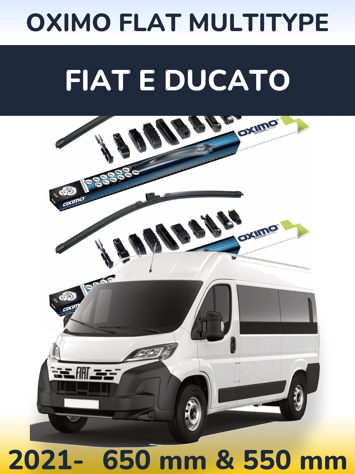 Sada předních stěračů Oximo Flat MultiType 650 a 550 mm pro Fiat E Ducato 2021-2026