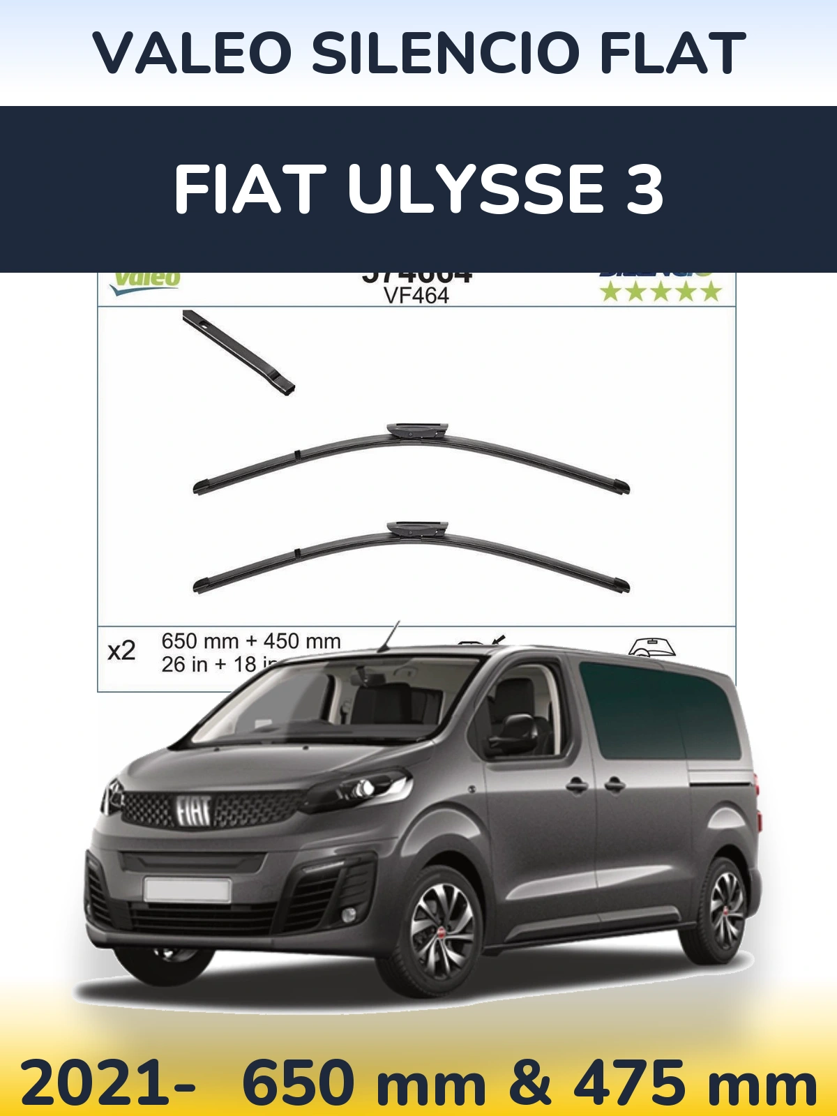 Sada předních stěračů Valeo Silencio Flat 650 a 450 mm pro Fiat Ulysse 3 2021-2026