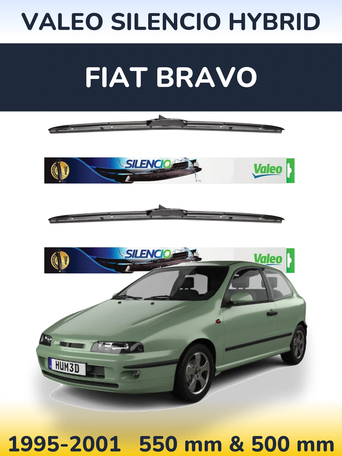 Sada předních stěračů Valeo Silencio Hybrid 550 a 500 mm pro Fiat Bravo 1995-2001