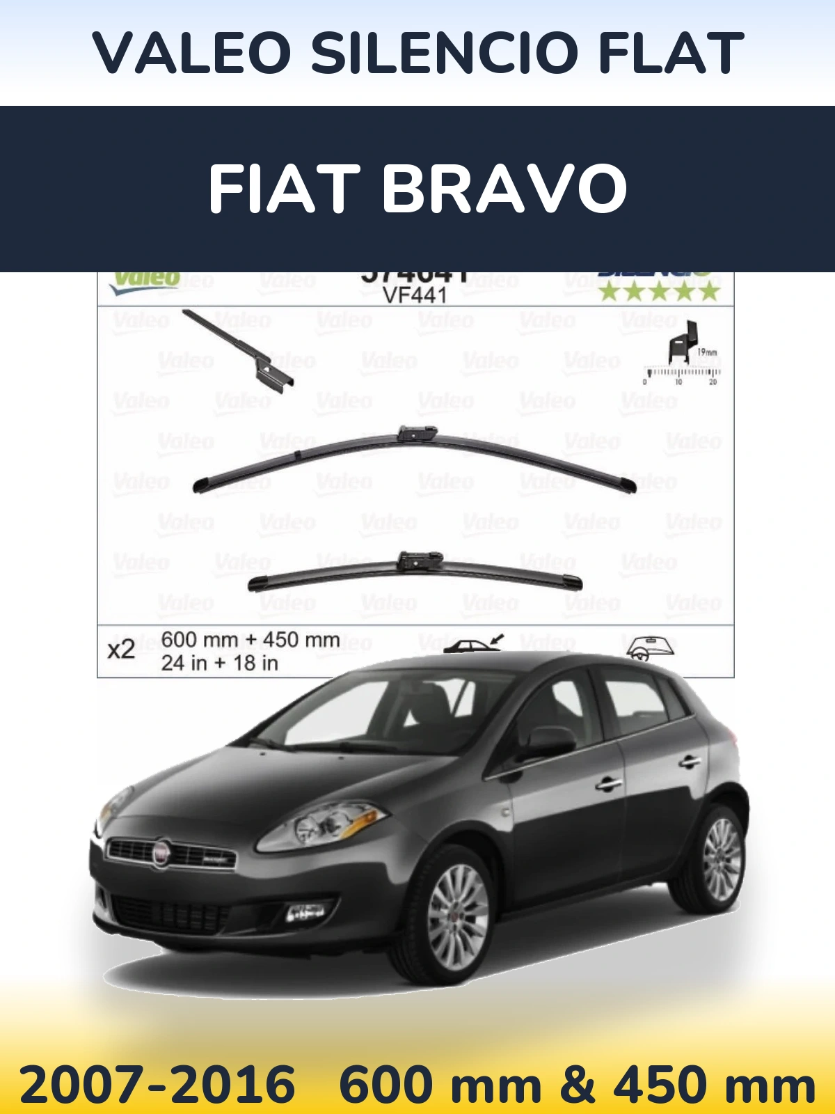 Sada předních stěračů Valeo Silencio Flat 600 a 450 mm pro Fiat Bravo 2007-2016