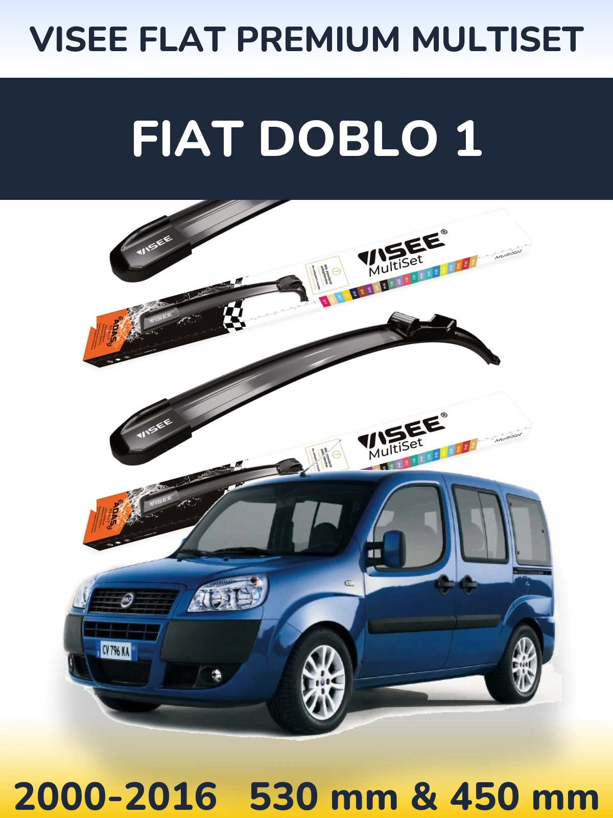 Sada předních stěračů VISEE FLAT PREMIUM MultiSet 530 a 450 mm pro Fiat Doblo 1 2000-2016