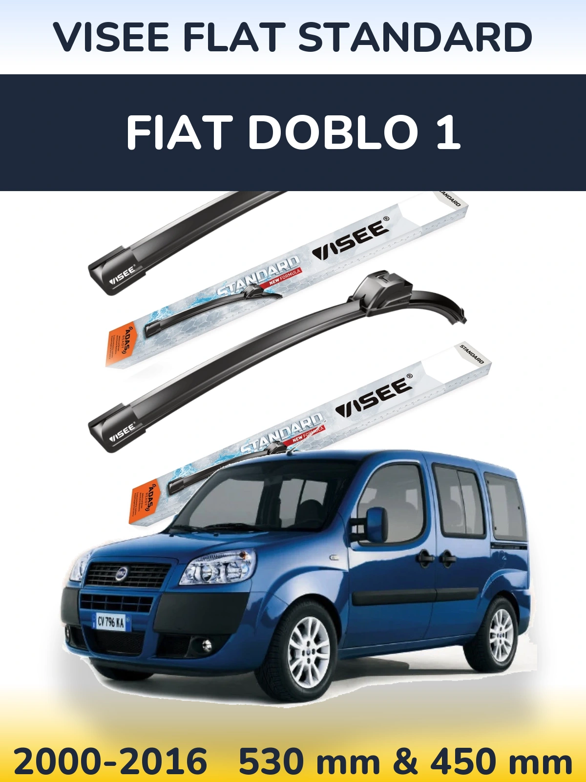 Sada předních stěračů VISEE FLAT STANDARD 530 a 450 mm pro Fiat Doblo 1 2000-2016