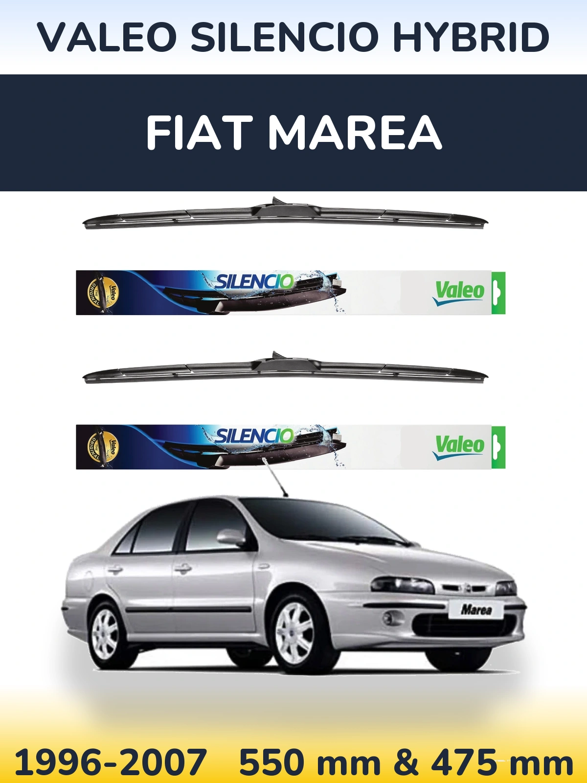 Sada předních stěračů Valeo Silencio Hybrid 550 a 475 mm pro Fiat Marea 1996-2007