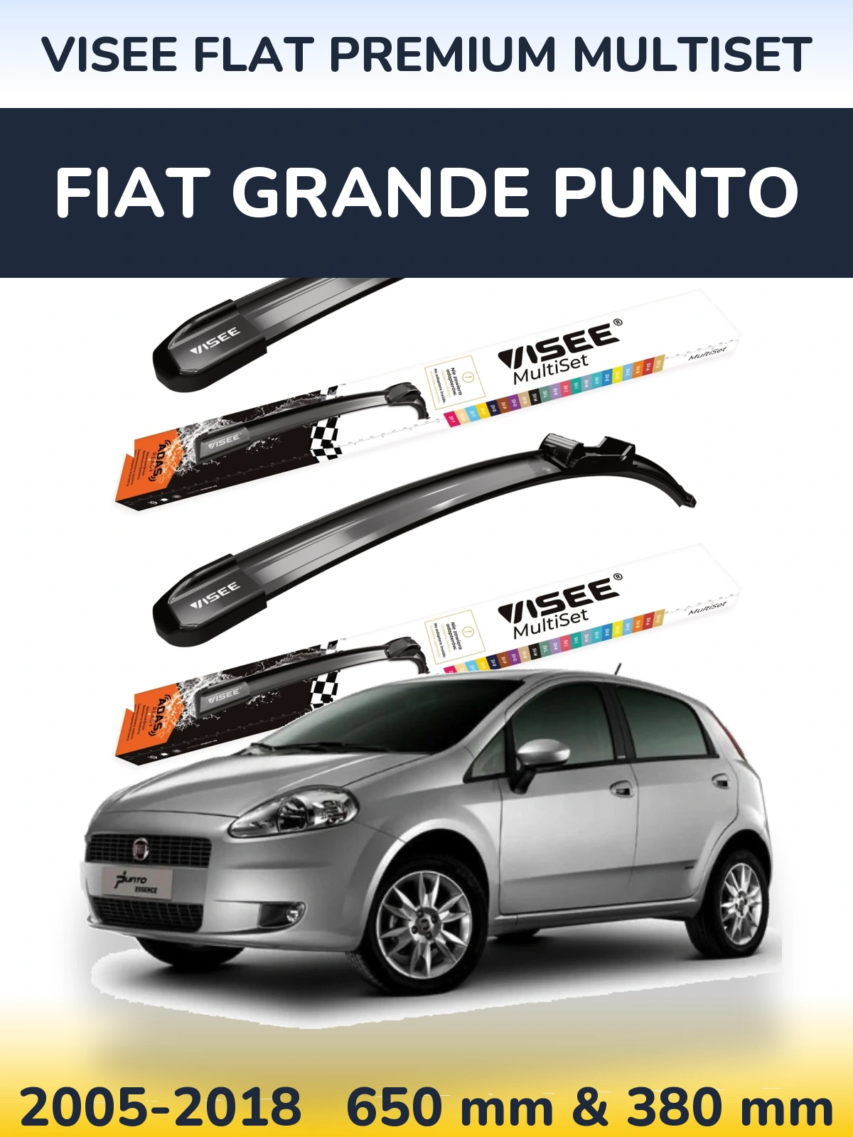 Sada předních stěračů VISEE FLAT PREMIUM MultiSet 650 a 380 mm pro Fiat Grande Punto 2005-2018