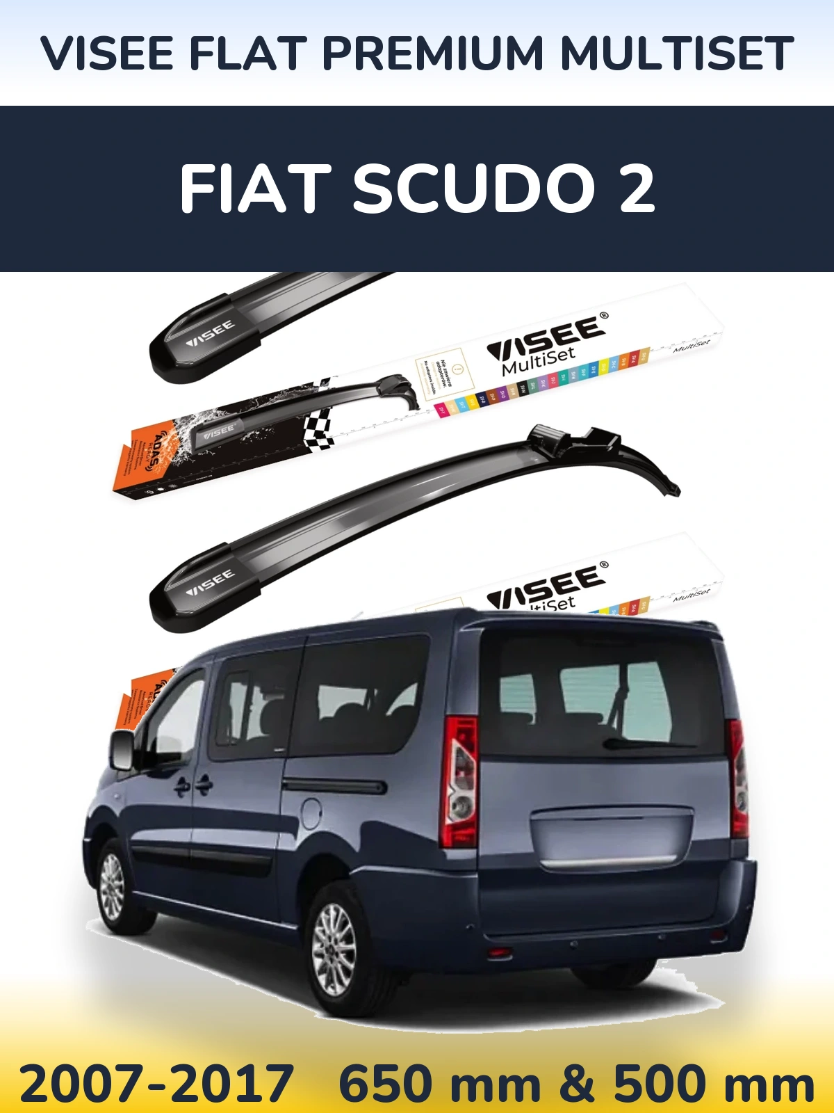 Комплект передніх щіток VISEE FLAT PREMIUM MultiSet 650 & 500 мм для Fiat Scudo 2 2007-2017