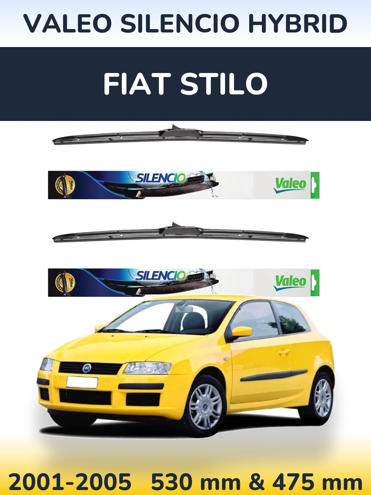 Sada předních stěračů Valeo Silencio Hybrid 530 a 475 mm pro Fiat Stilo 2001-2005