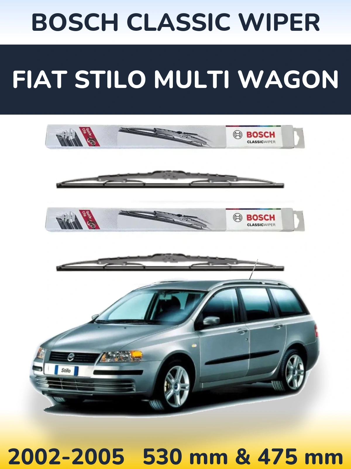 Sada předních stěračů BOSCH Classic Wiper 530 a 475 mm pro Fiat Stilo Multi Wagon 2002-2005