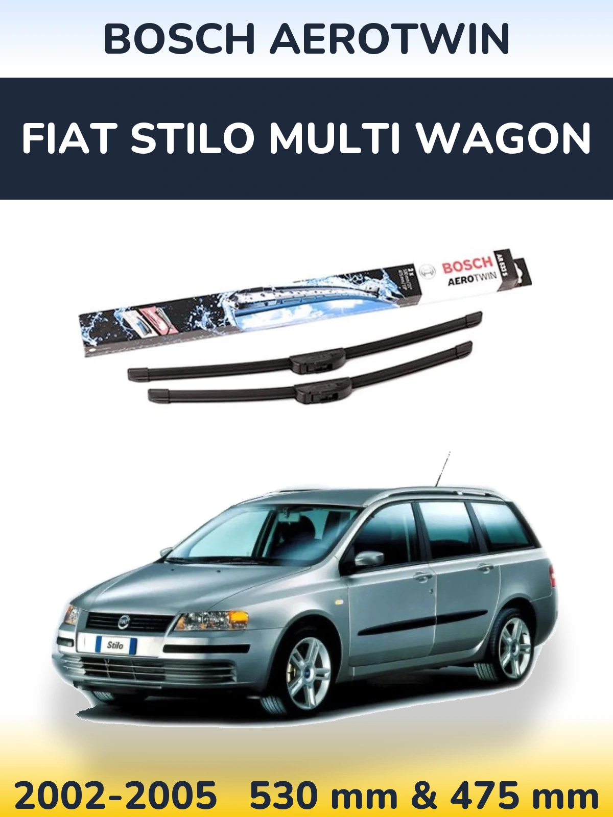 Sada předních stěračů BOSCH AeroTwin 530 a 475 mm pro Fiat Stilo Multi Wagon 2002-2005