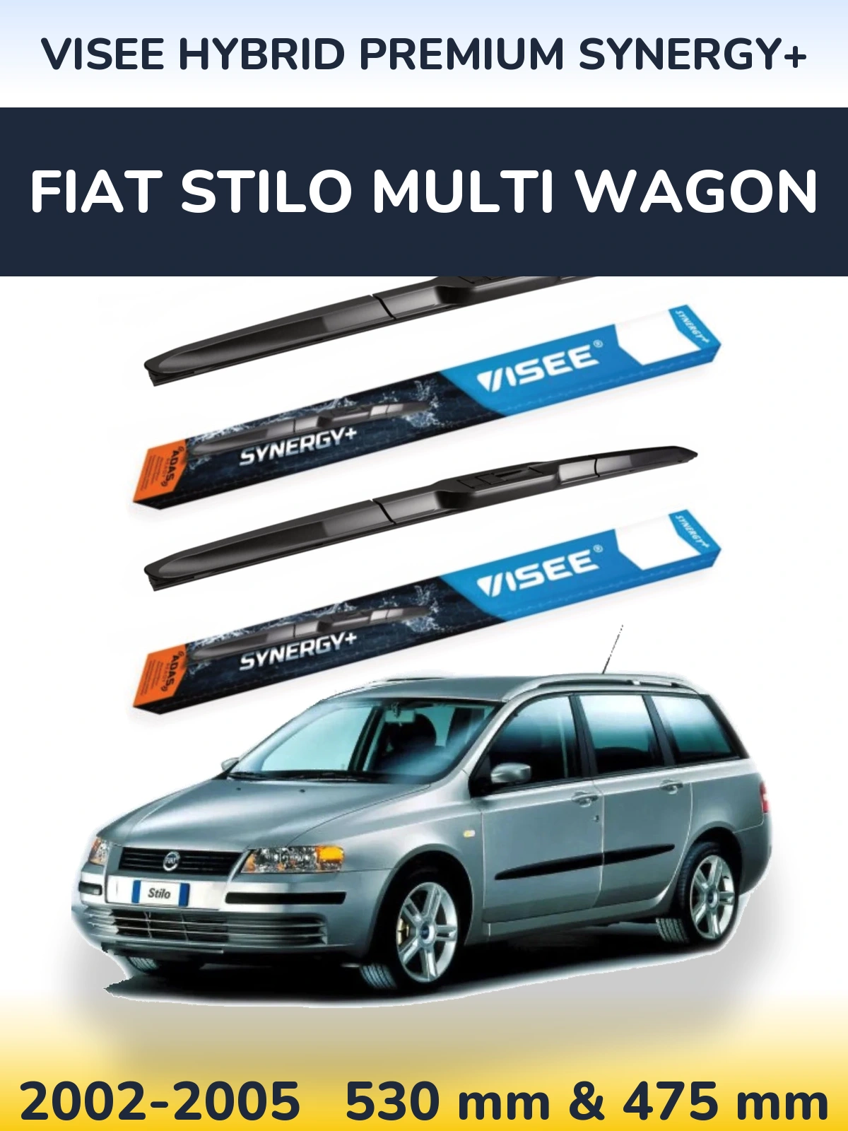 Sada předních stěračů VISEE HYBRID PREMIUM SYNERGY+ 530 a 475 mm pro Fiat Stilo Multi Wagon 2002-2005